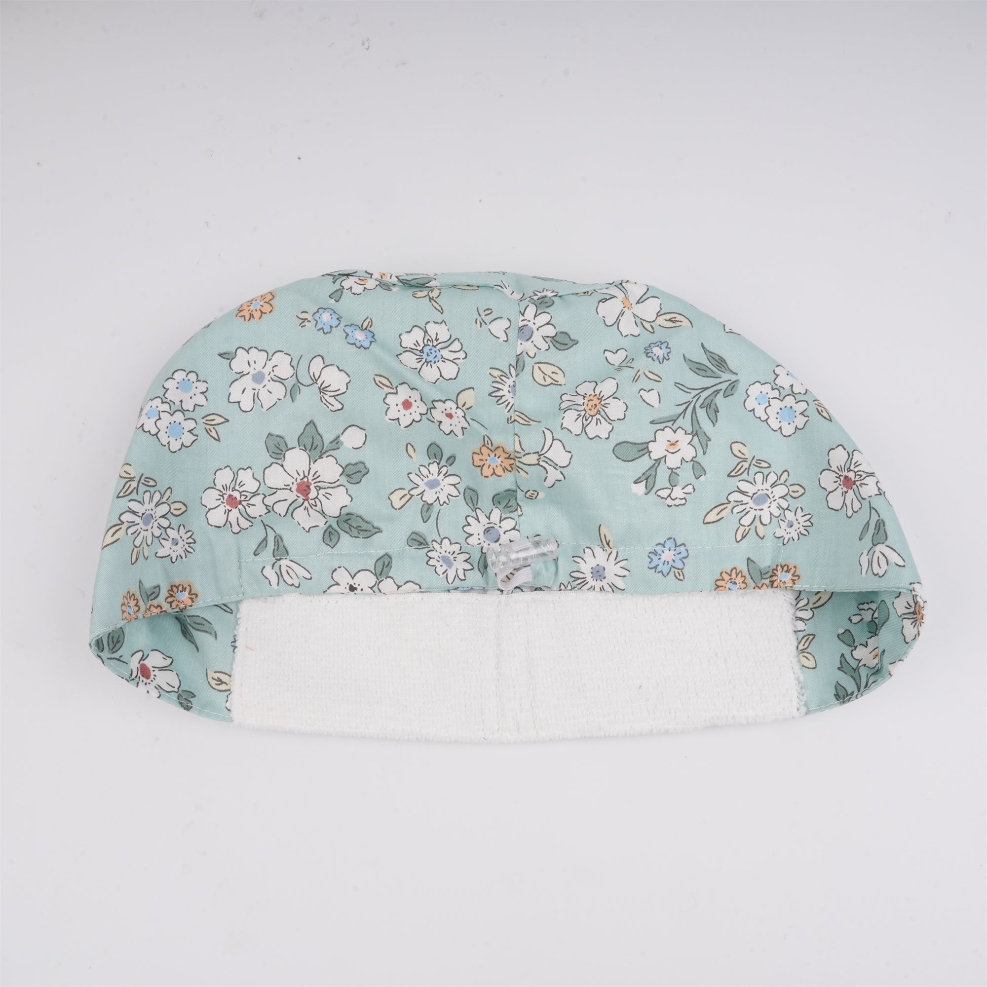 White Flowers in Mint Green Cotton Euro Style Surgical Scrub Cap