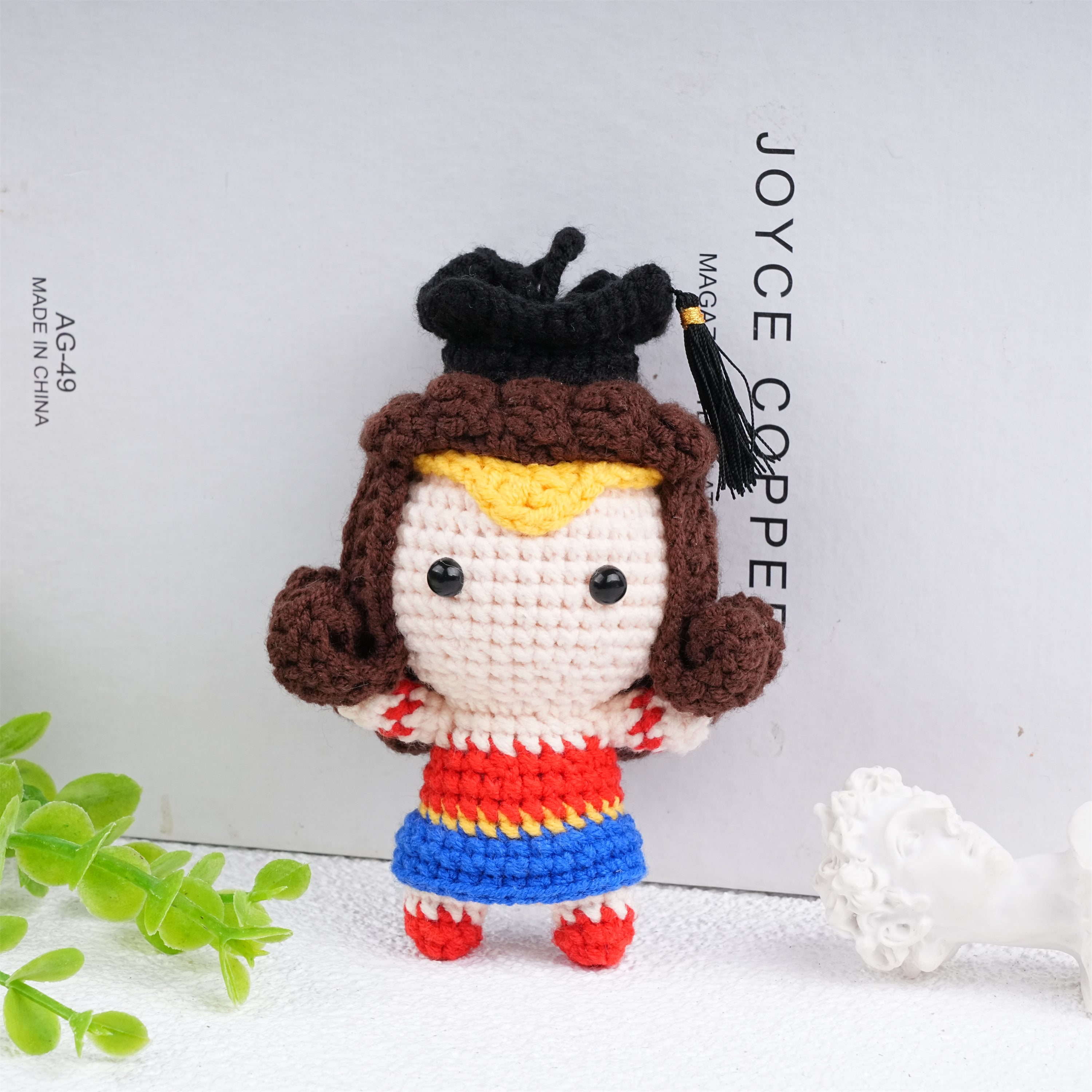 Handmade Crochet Graduation Doll,Brown/Black/Yellow Hair Doll,Gifts for Friends