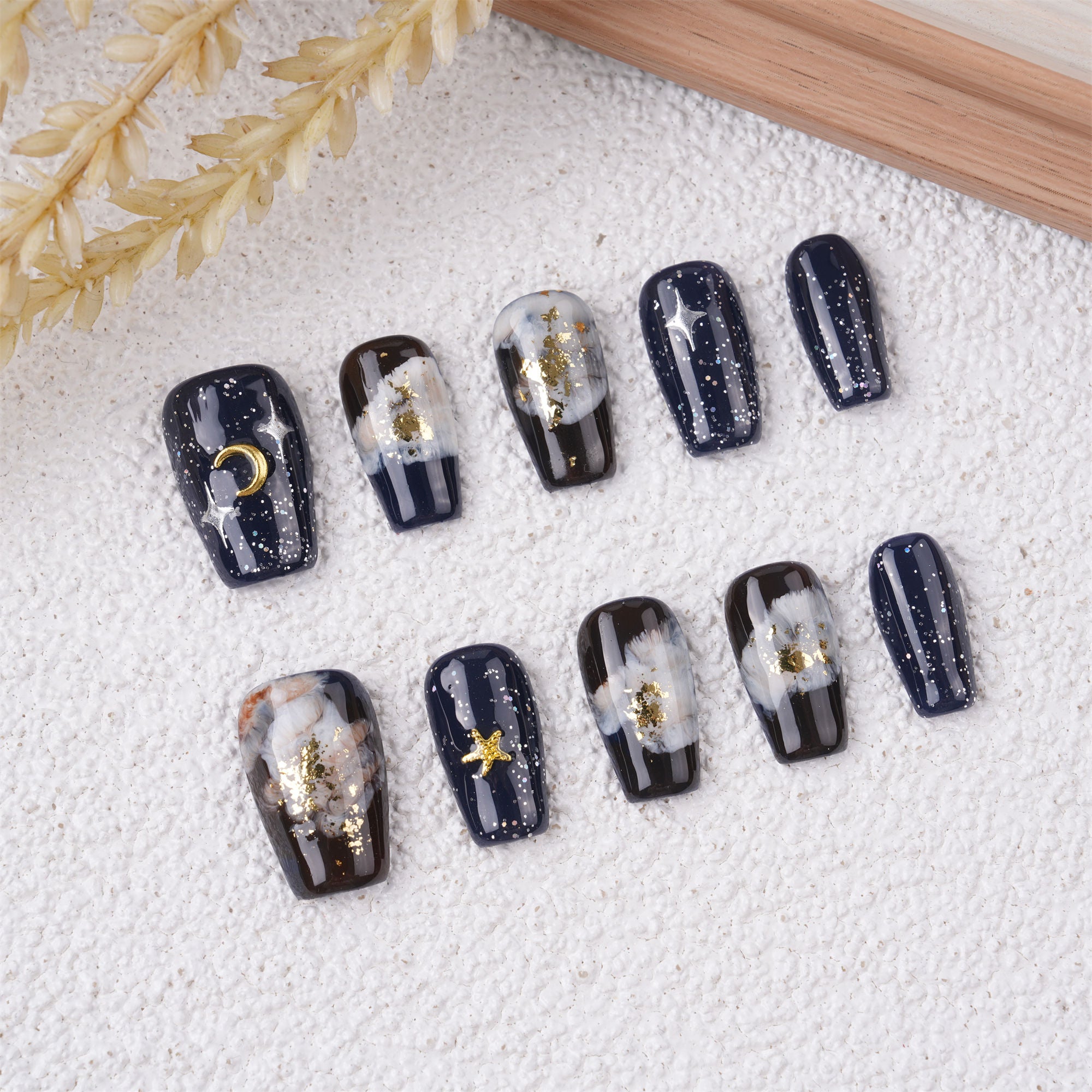 Black Marble Smudge Short Press on nails,Stars & Moons Fake Nails