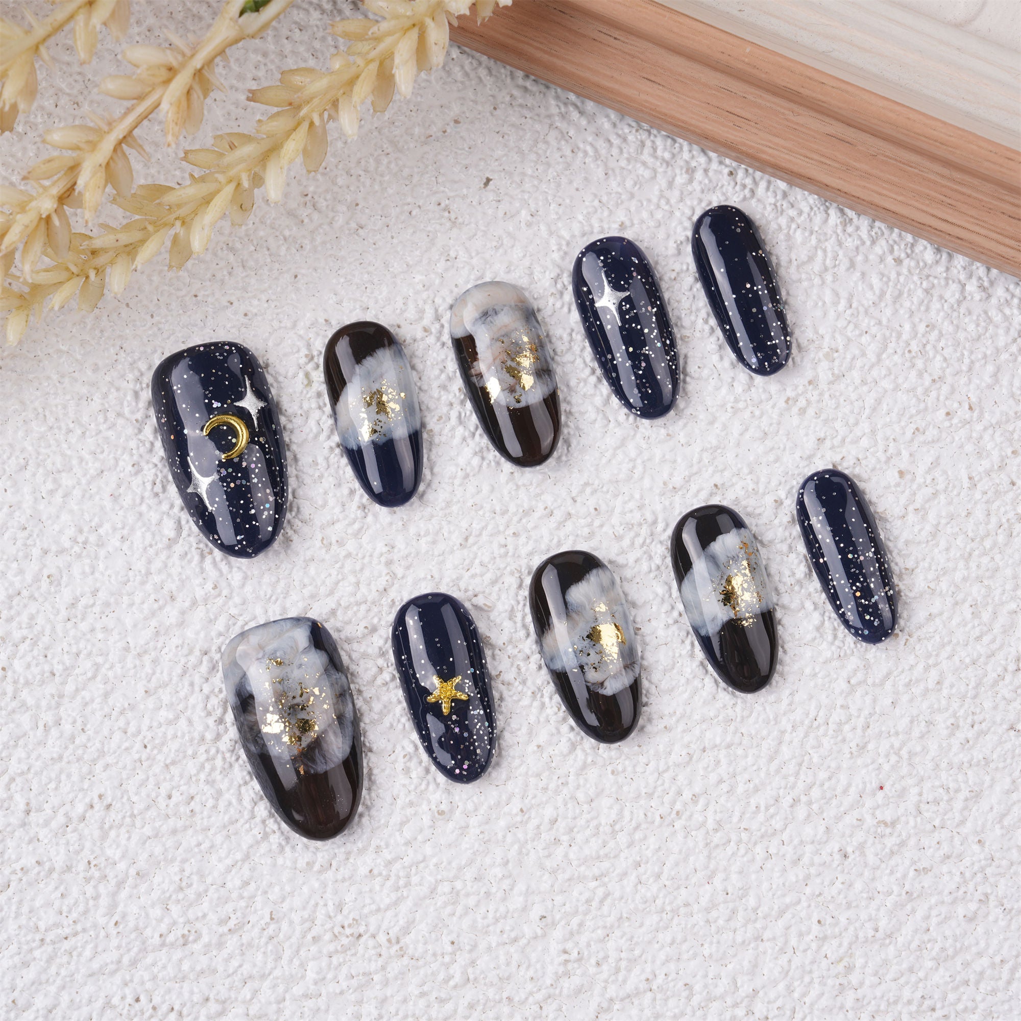 Black Marble Smudge Short Press on nails,Stars & Moons Fake Nails