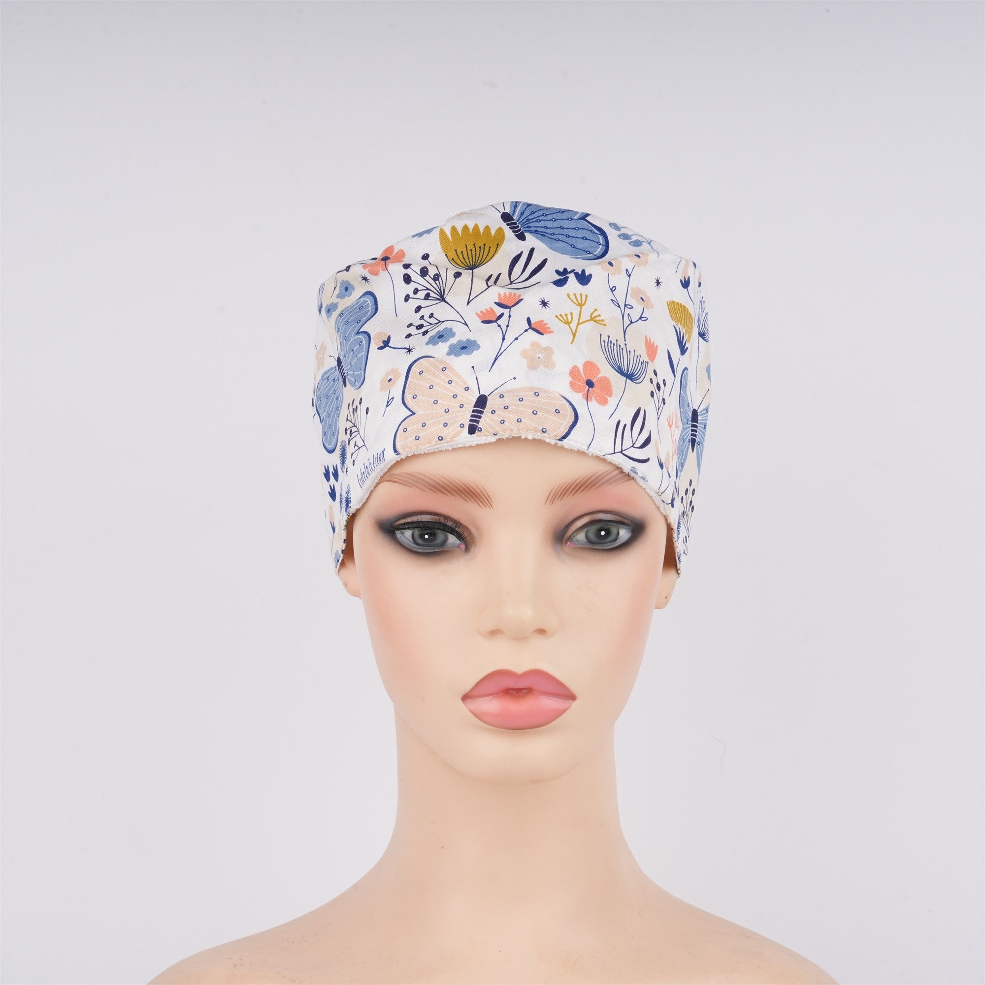 Euro Style Surgical Scrub Cap: Blue Butterfly & Yellow Floral in Soft Cotton