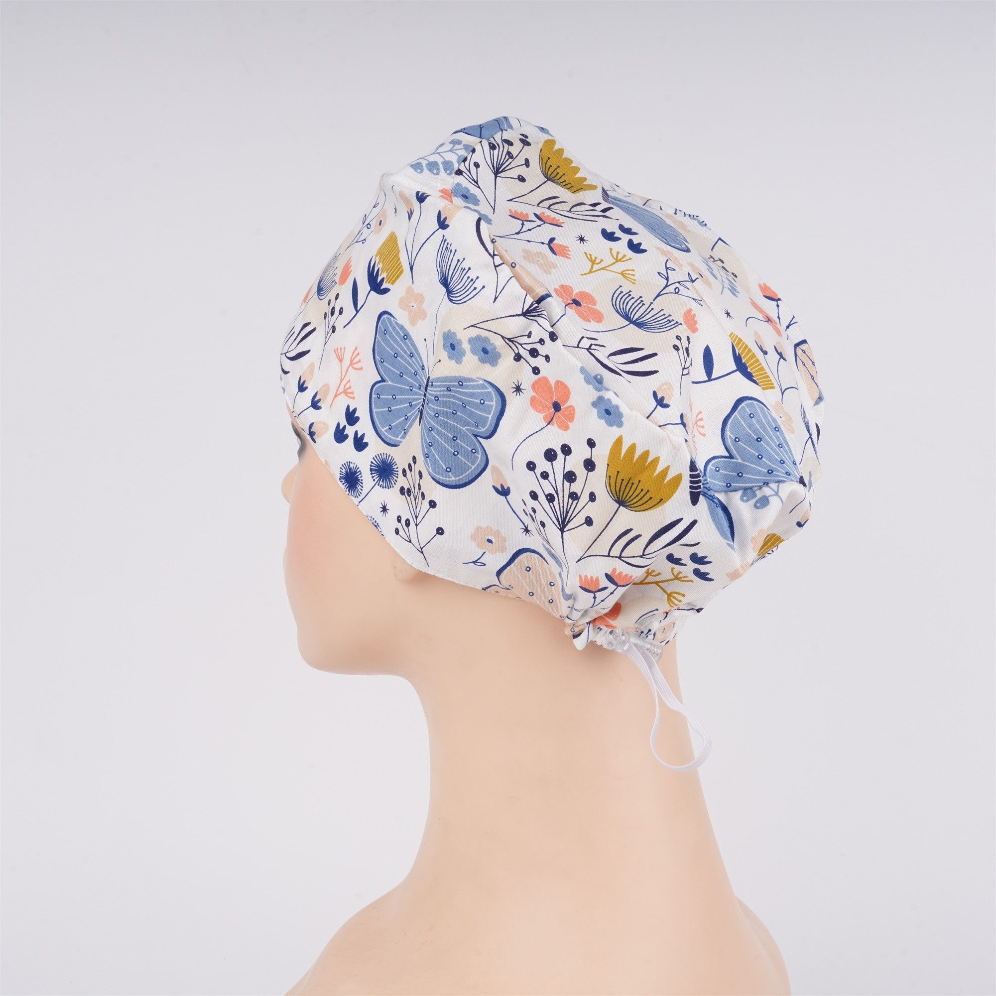 Euro Style Surgical Scrub Cap: Blue Butterfly & Yellow Floral in Soft Cotton