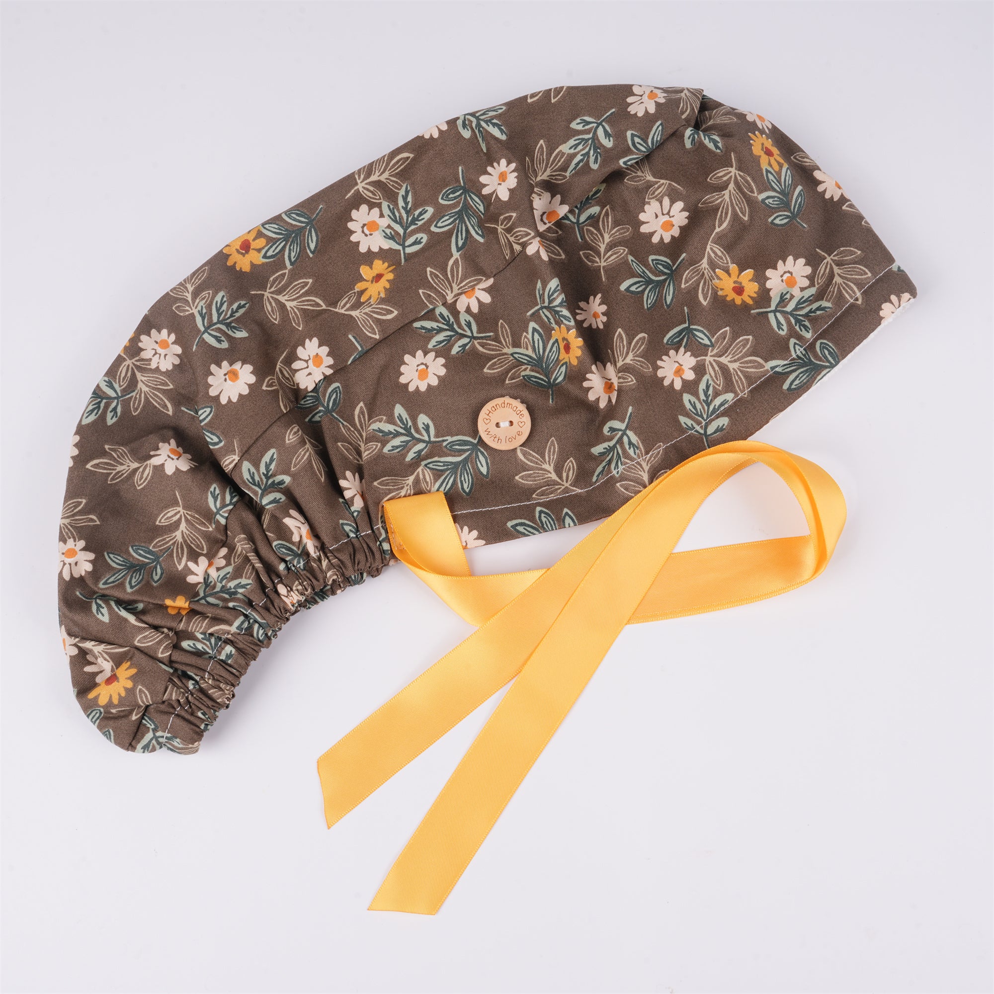 Brown Daisy Cotton Ponytail Scrub Cap