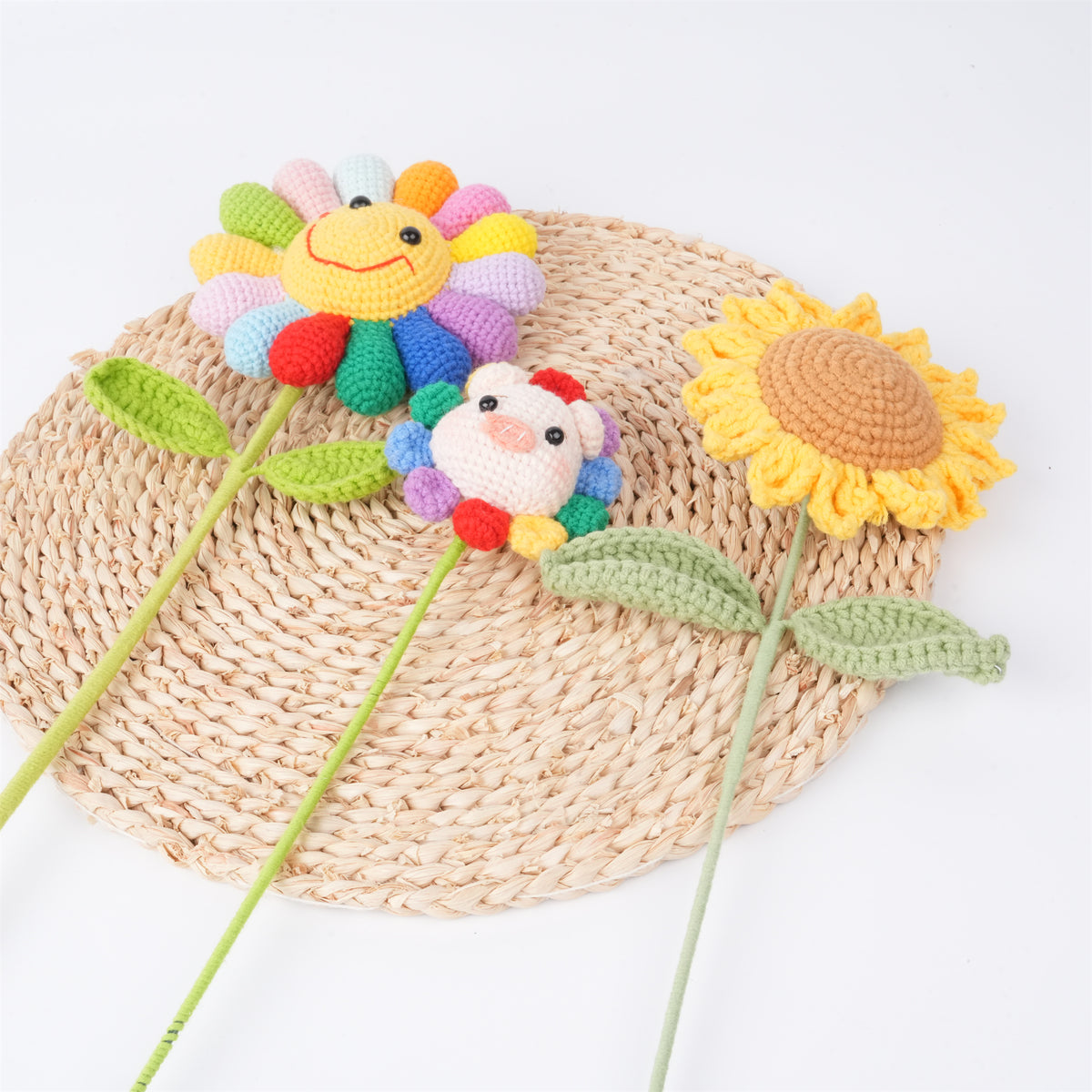 Handmade Crochet Small Sunflower,Cute Rainbow Pig/Smileflower Stem