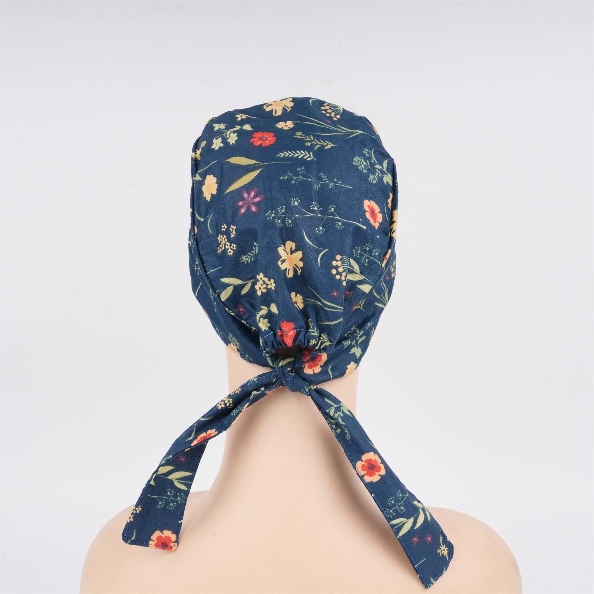 Handmade Surgical Cap: Tieback Style,Yellow Flowers on Navy Cotton