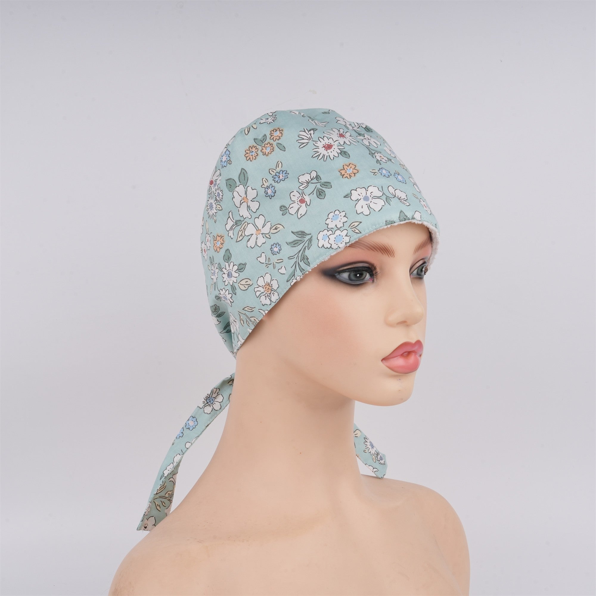 Mint Green Floral Surgical Scrub Cap, Tieback Style Cotton OR hat