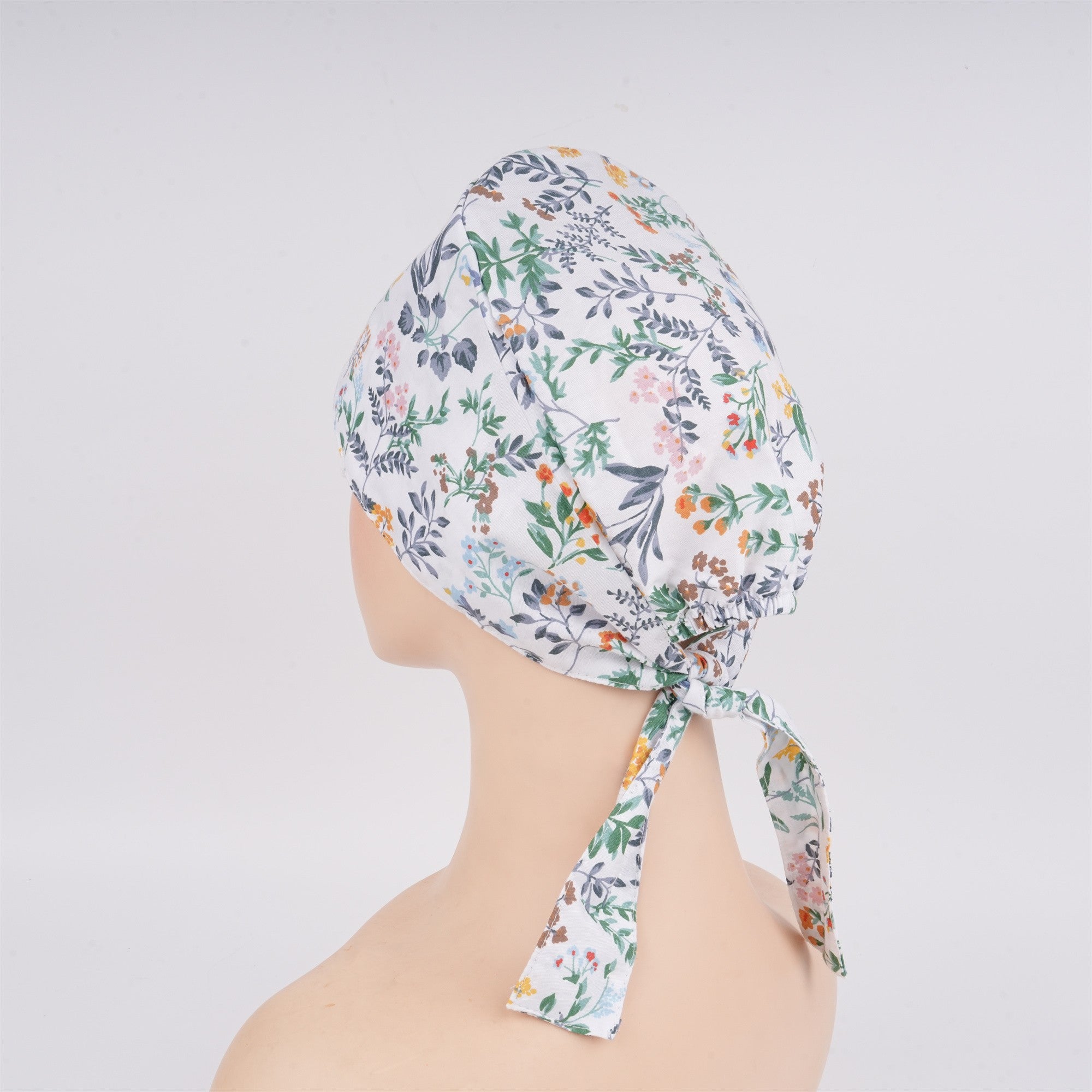 Wildflowers Tieback Surgical Scrub Cao, White Cotton OR Hat Handmade