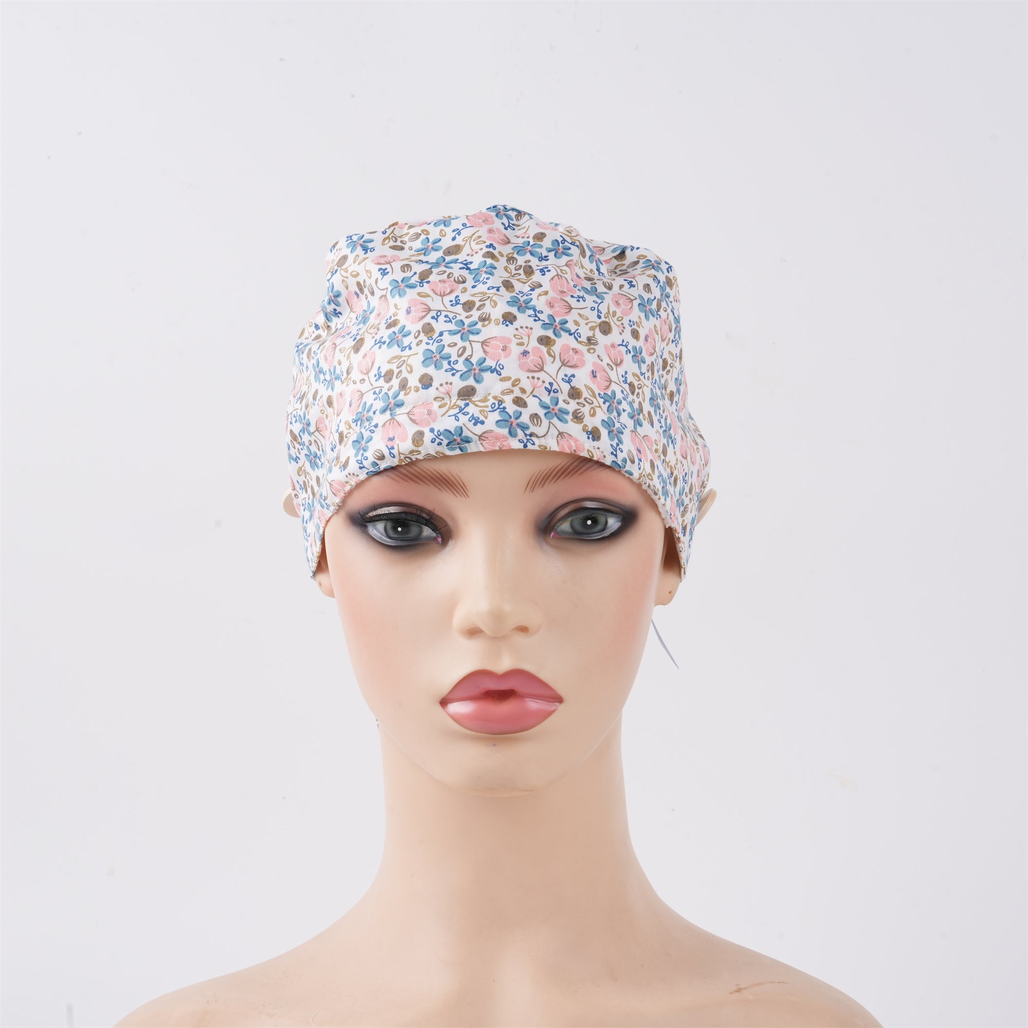 Floral Cotton Ponytail Scrub Cap: Blue Pink Flowers