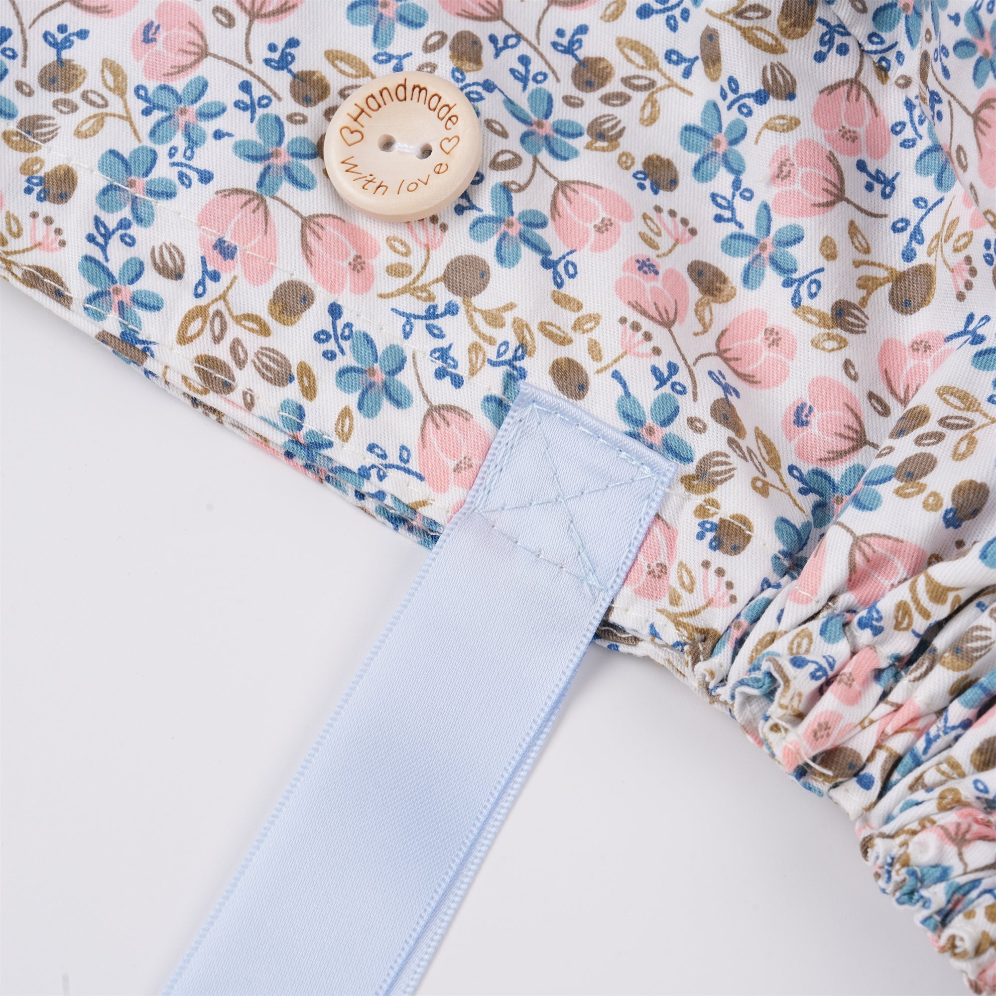 Floral Cotton Ponytail Scrub Cap: Blue Pink Flowers