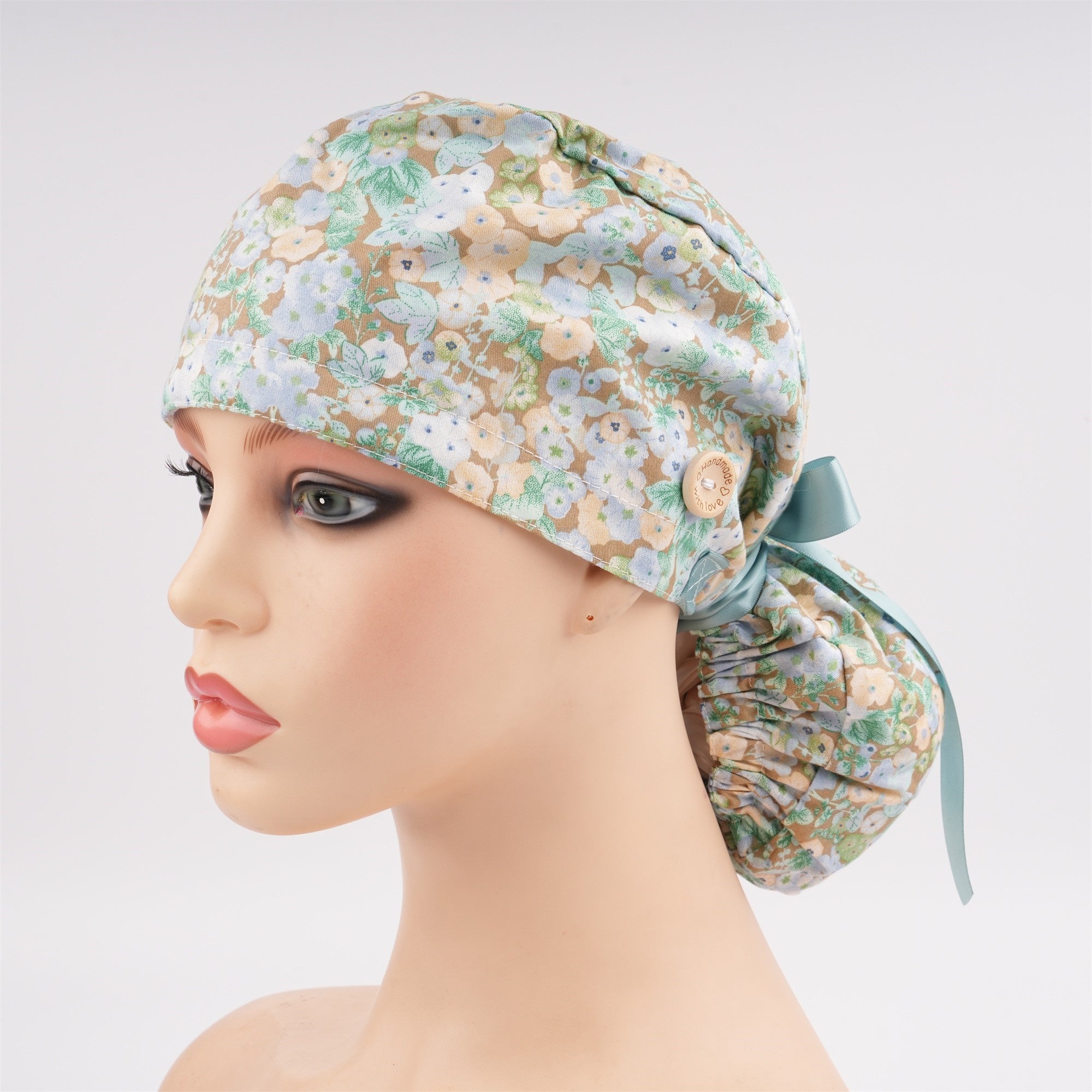 Blue Flower in Brown Cotton Ponytail Scrub Cap