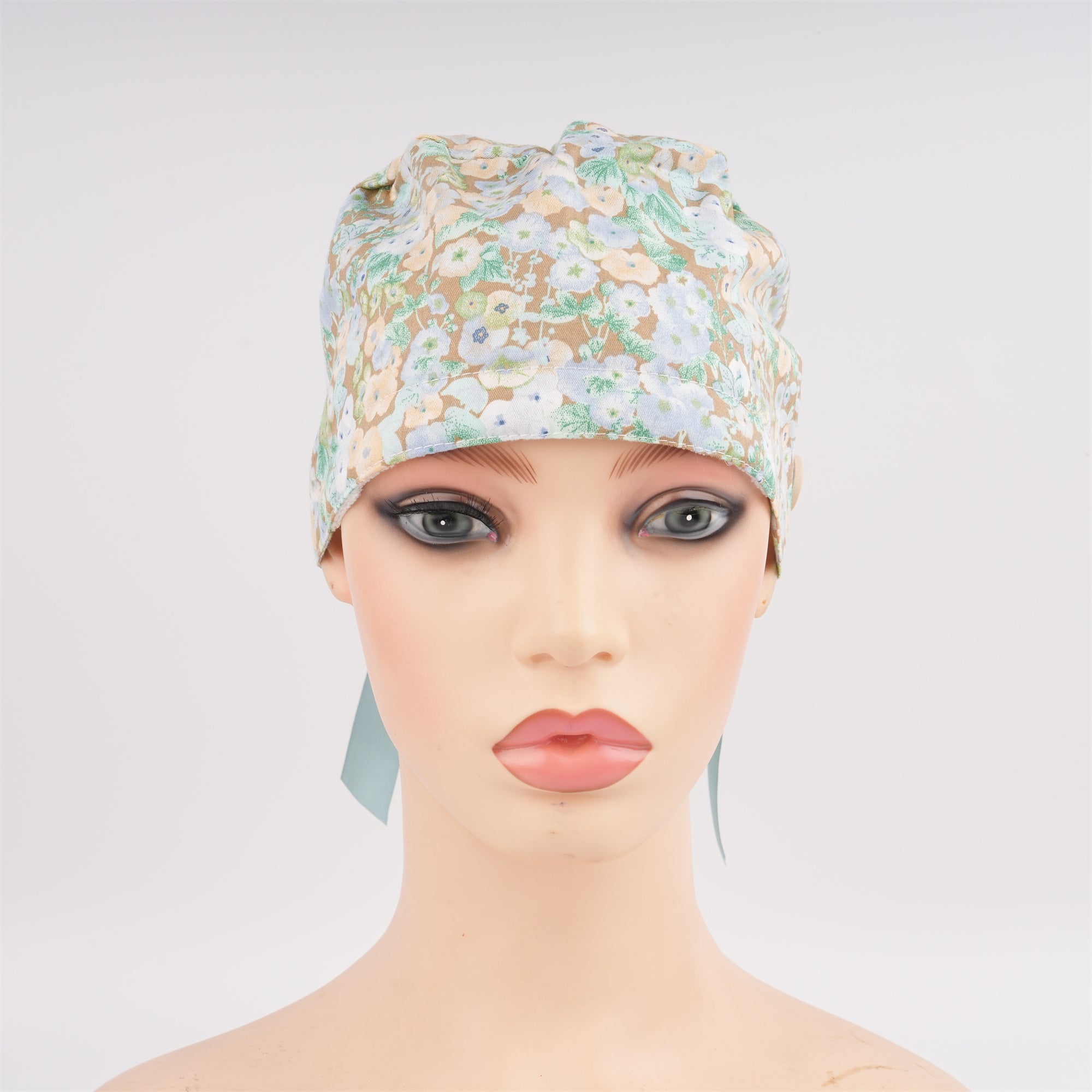 Blue Flower in Brown Cotton Ponytail Scrub Cap