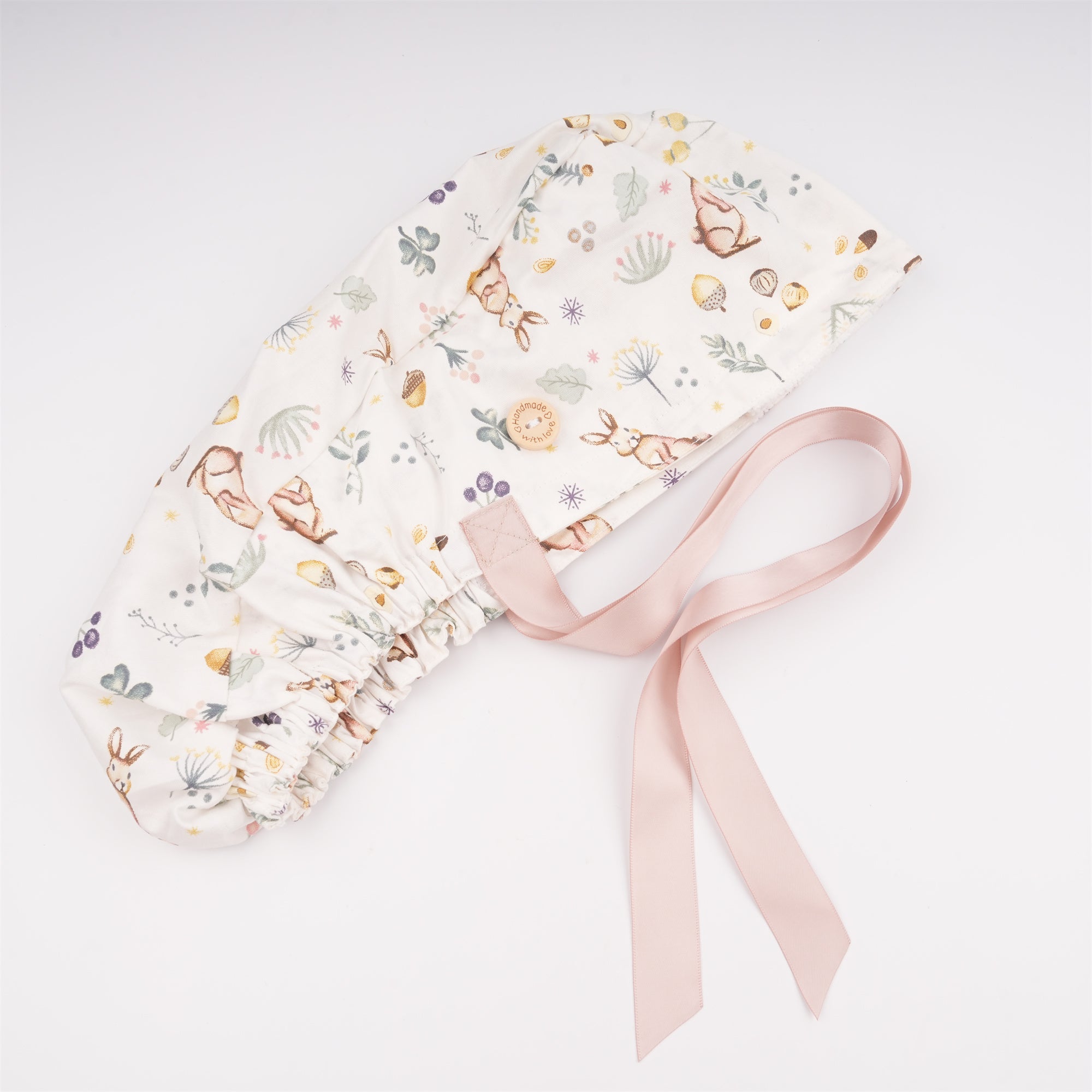 Bunny Flowers Ponytail Scrub Cap for long hair