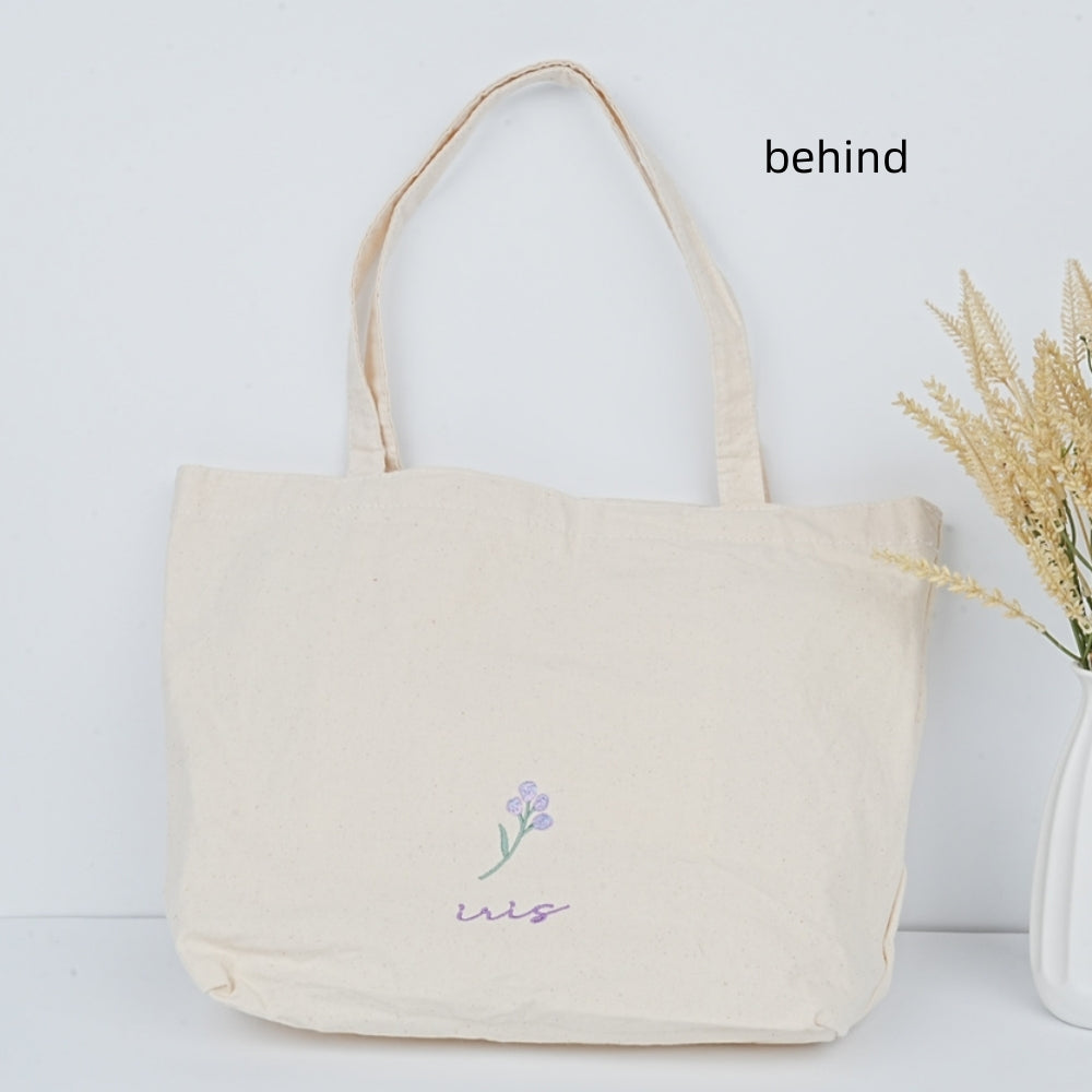 Handamde Embroidered Purple Flowers Tote Bag With Inner Pocket