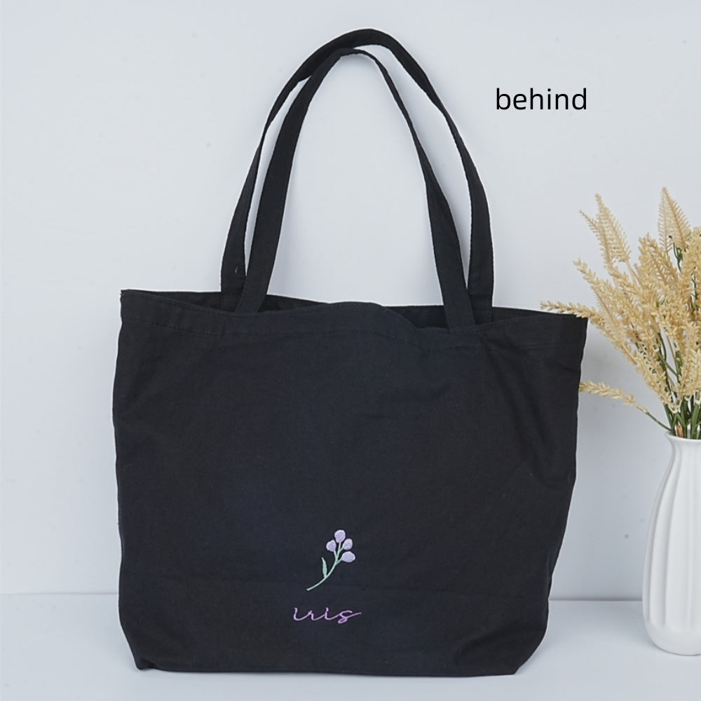 Handamde Embroidered Purple Flowers Tote Bag With Inner Pocket