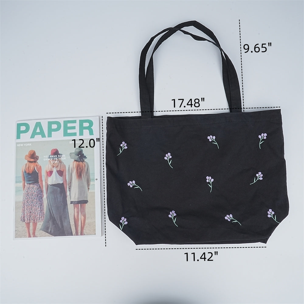 Handamde Embroidered Purple Flowers Tote Bag With Inner Pocket