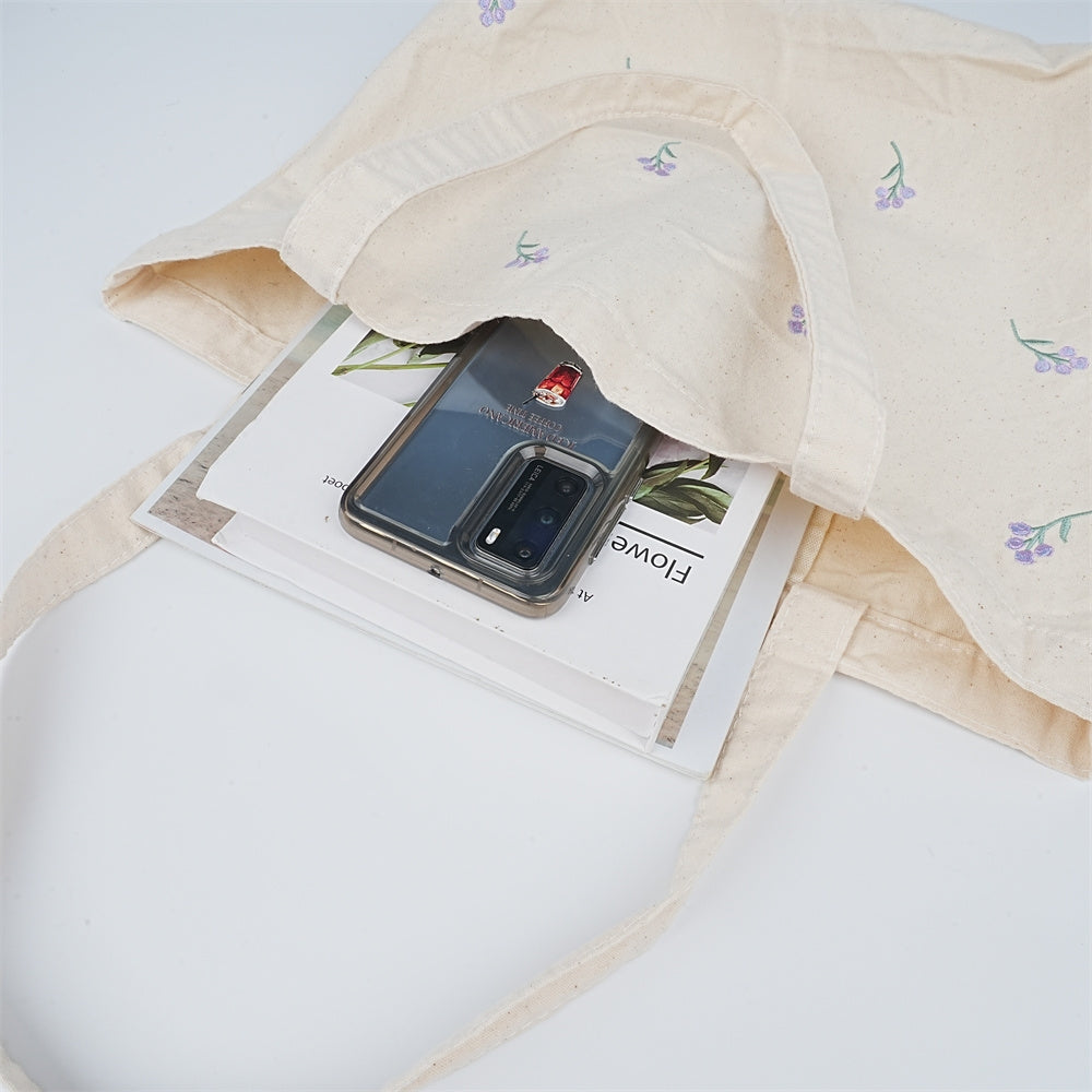 Handamde Embroidered Purple Flowers Tote Bag With Inner Pocket