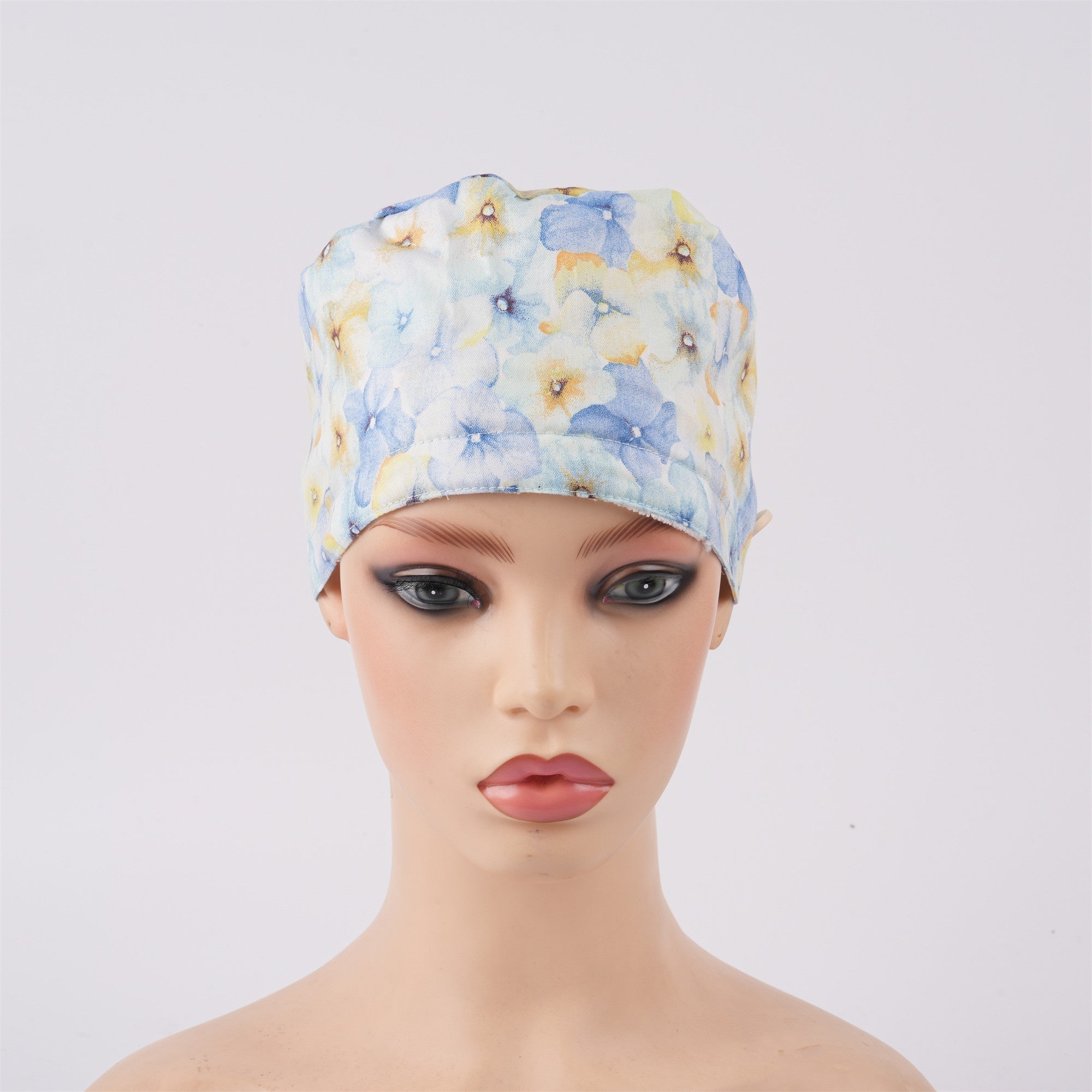 Blue Yellow Pastel Flower Cotton Ponytail Scrub Cap