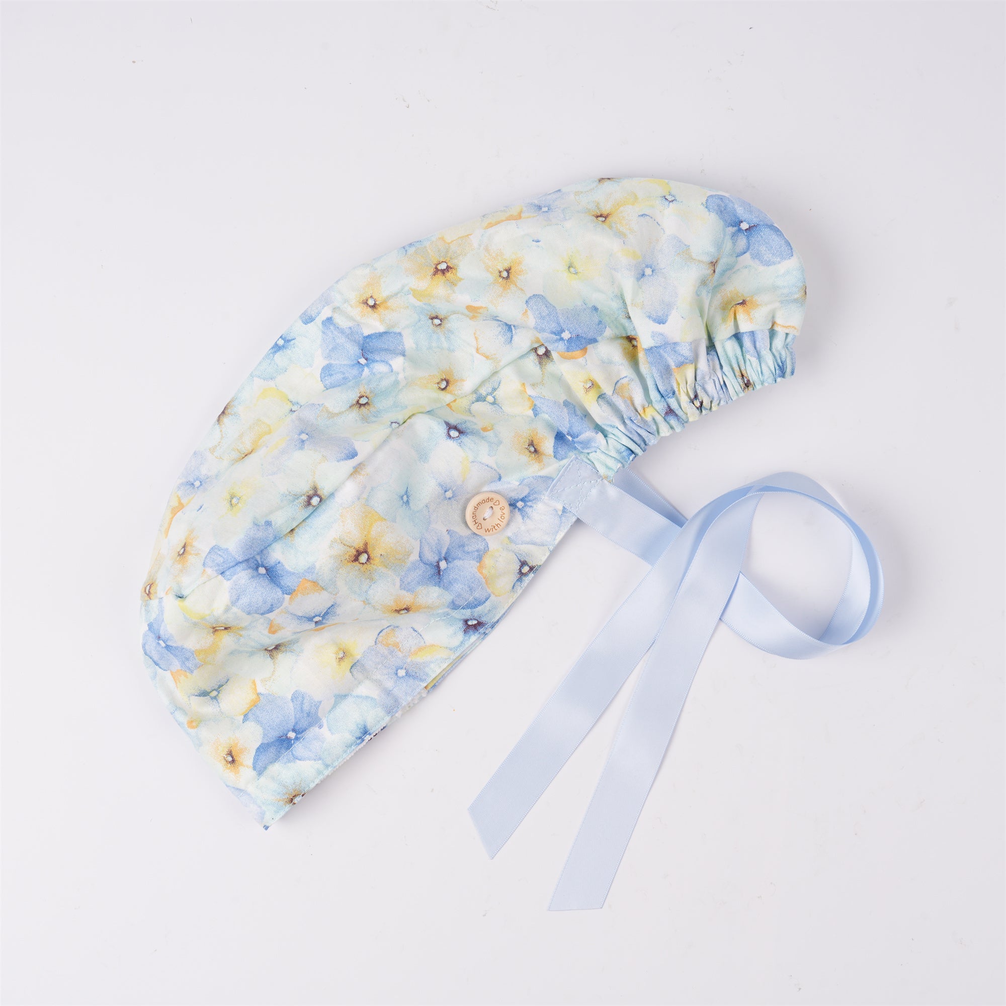 Blue Yellow Pastel Flower Cotton Ponytail Scrub Cap