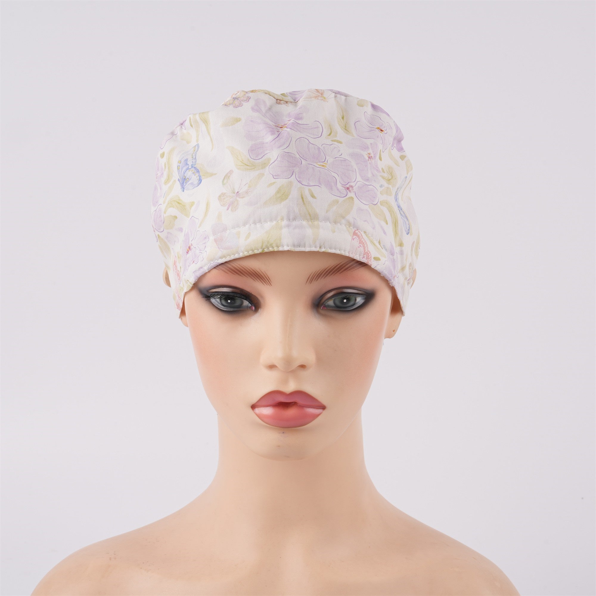 Purple Floral Butterfly Cotton Ponytail Scrub Cap