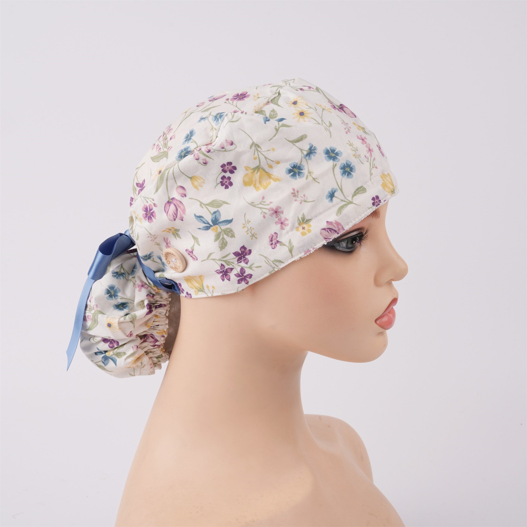 Small Flower Cotton Ponytail Scrub Cap,Purple Blue Yellow