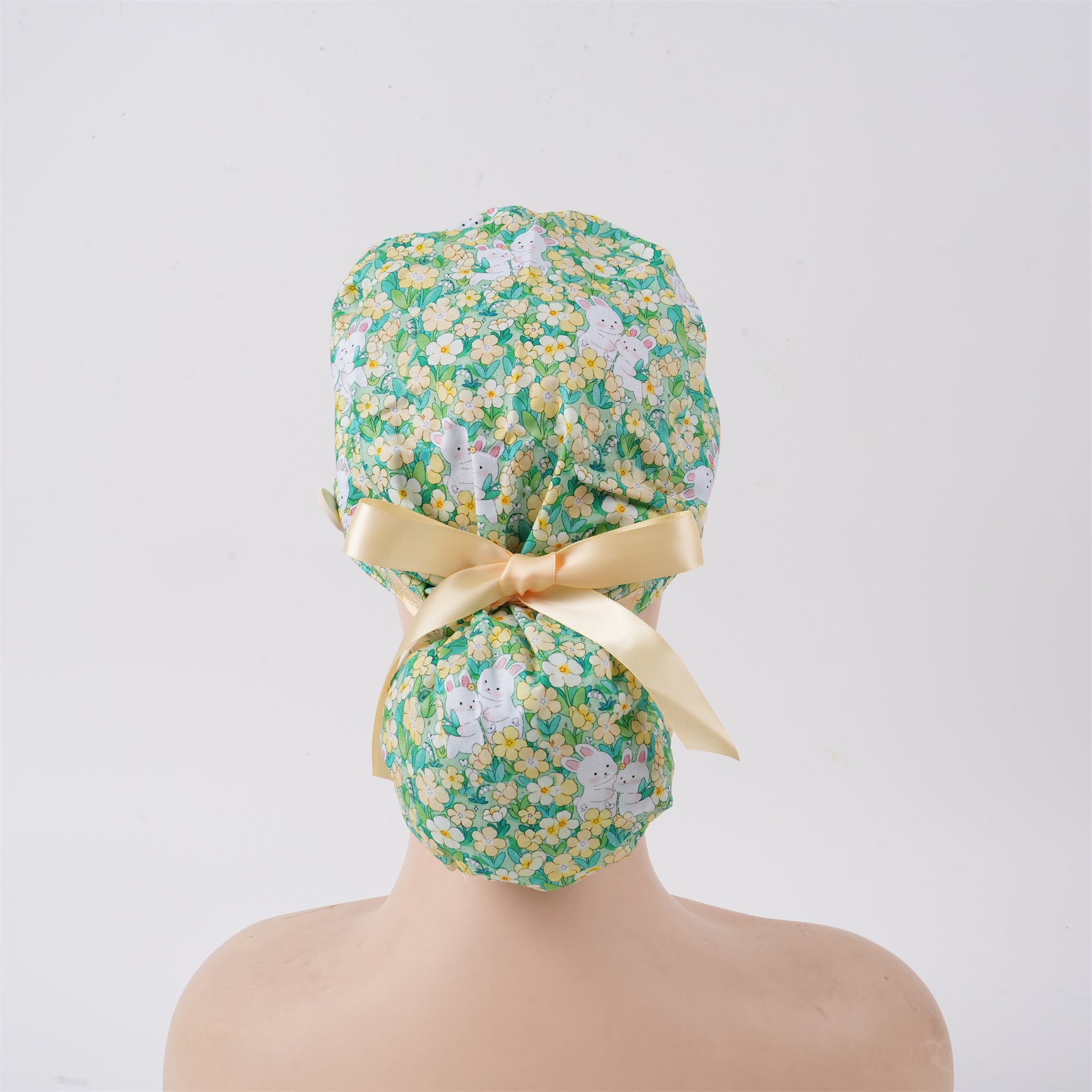 Yellow Floral Bunny Cotton Ponytail Scrub Cap