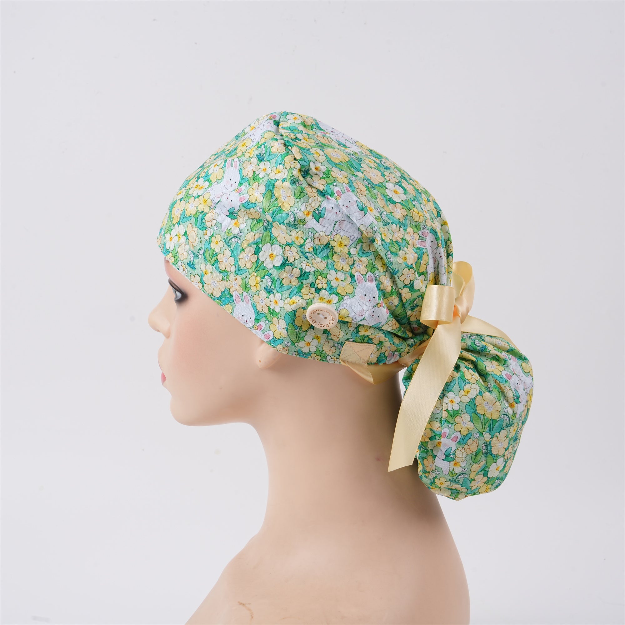 Yellow Floral Bunny Cotton Ponytail Scrub Cap