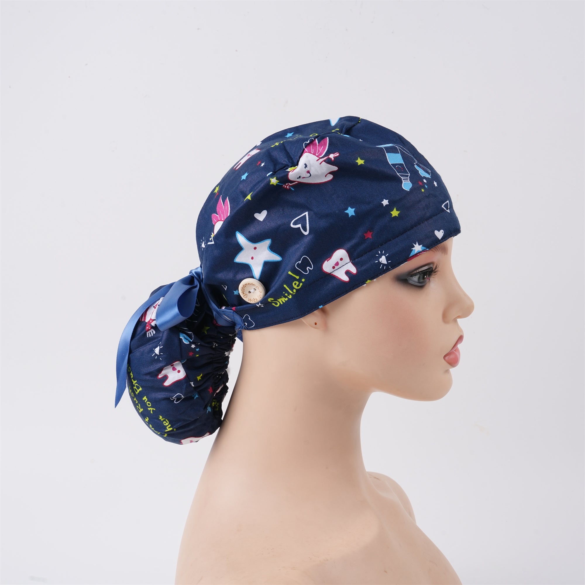 Navy Teeth Cotton Ponytail Scrub Cap