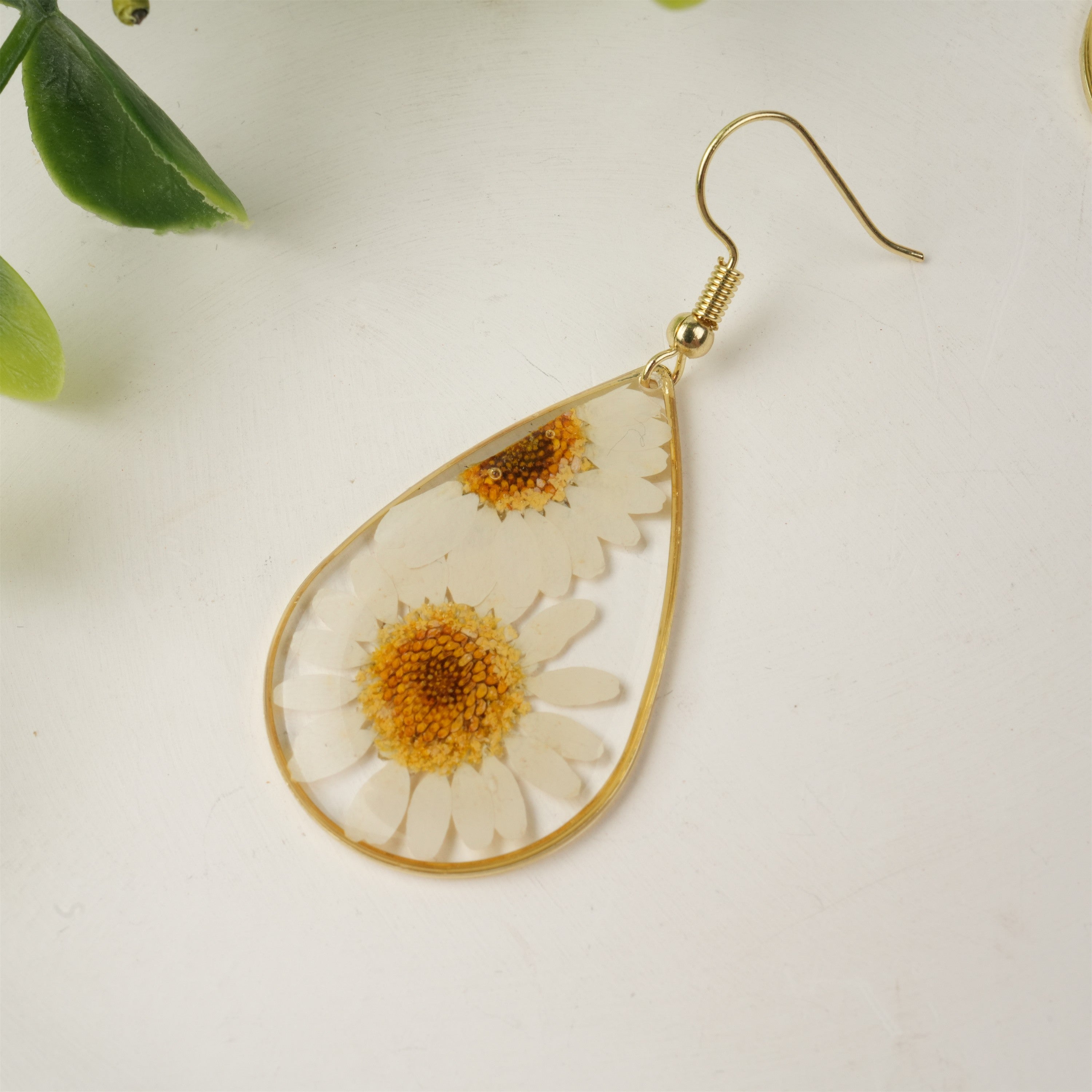 Handmade Daisy Flower Earrings,Resin Dried Floral,Botanical Teardrop Studs