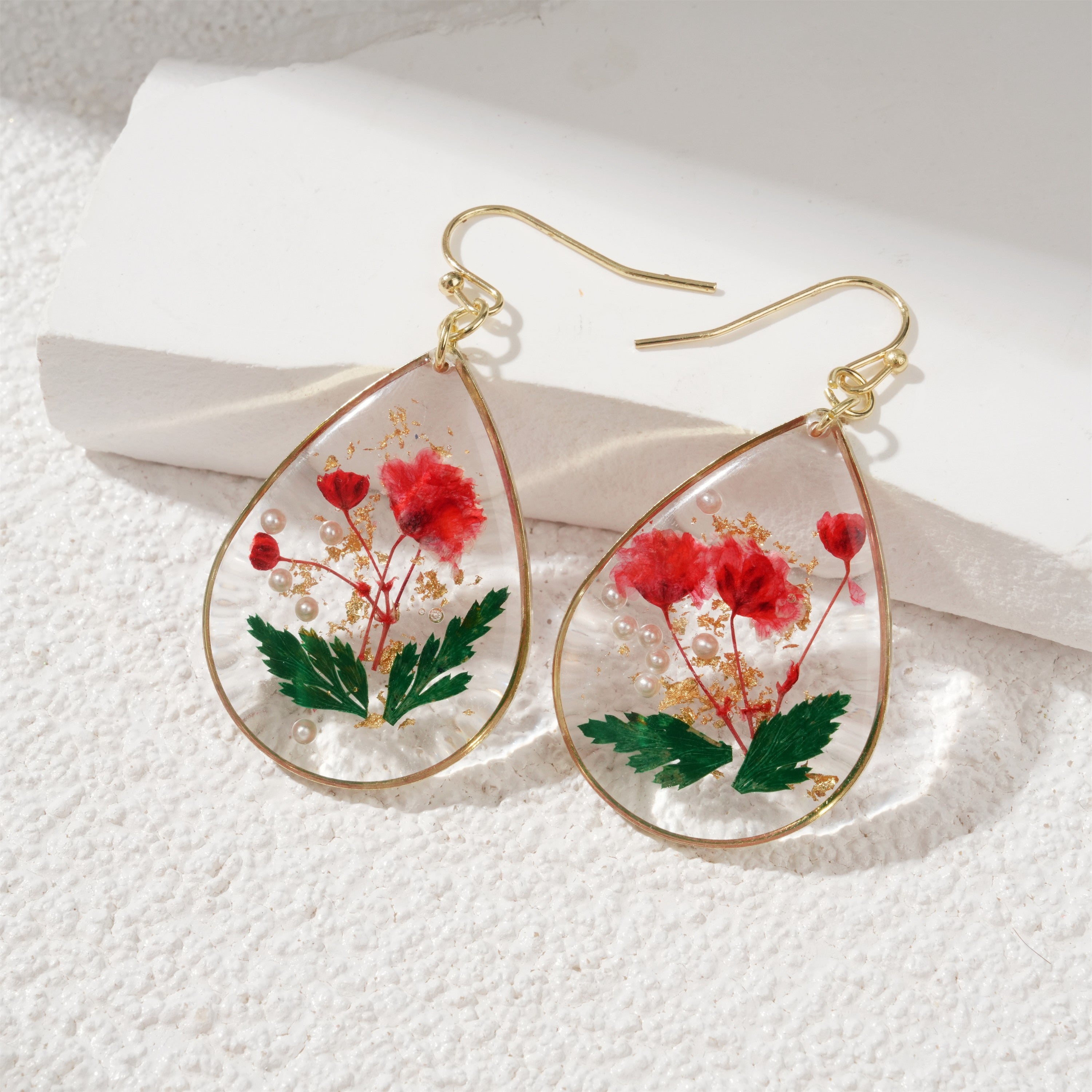 Red Flowers Resin Earrings, Elegant & Exquisite Water Drop Shaped,Eternal Flower