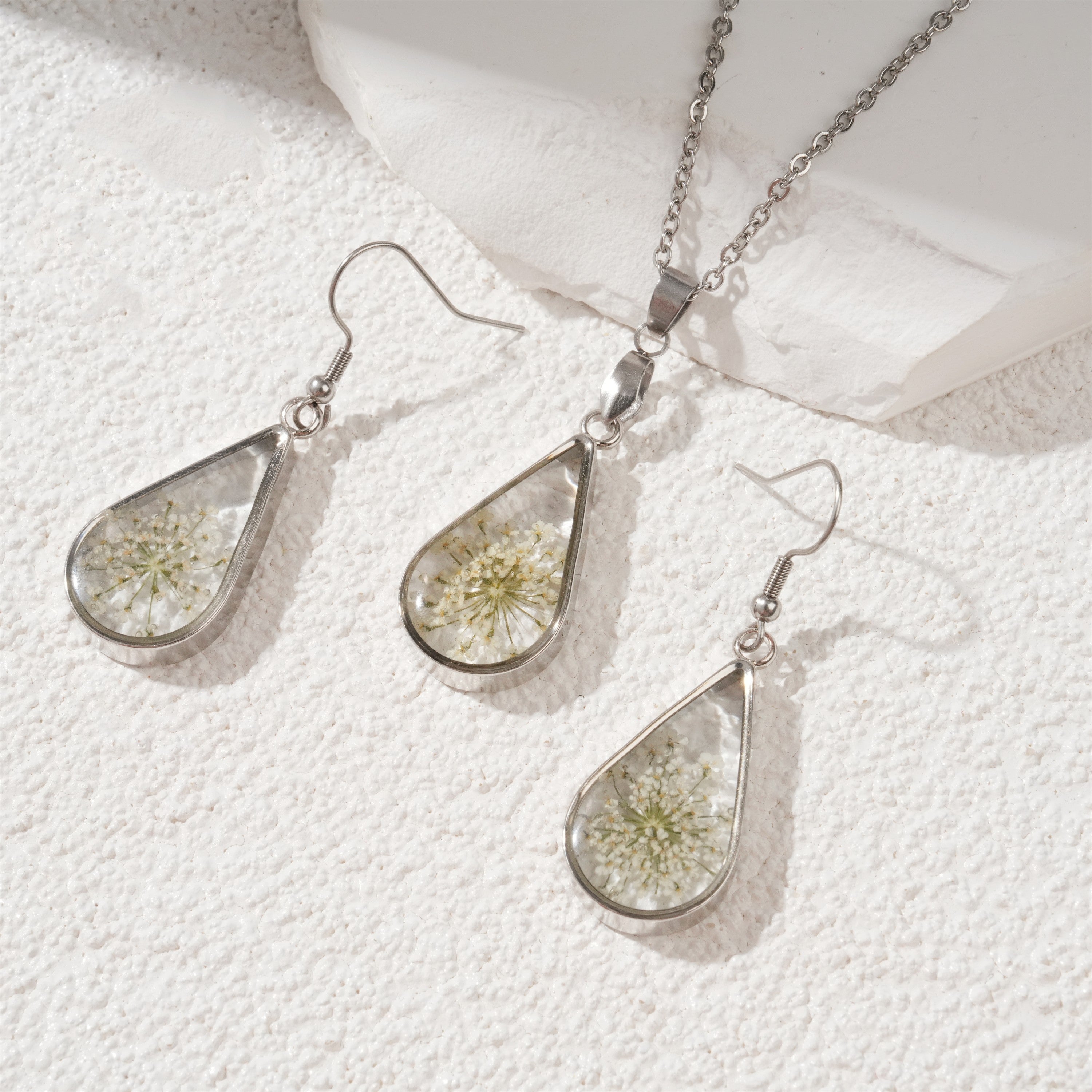 Teardrop Shaped Resin Necklace Earrings For Her,Baby's Breath Dangle Earrings