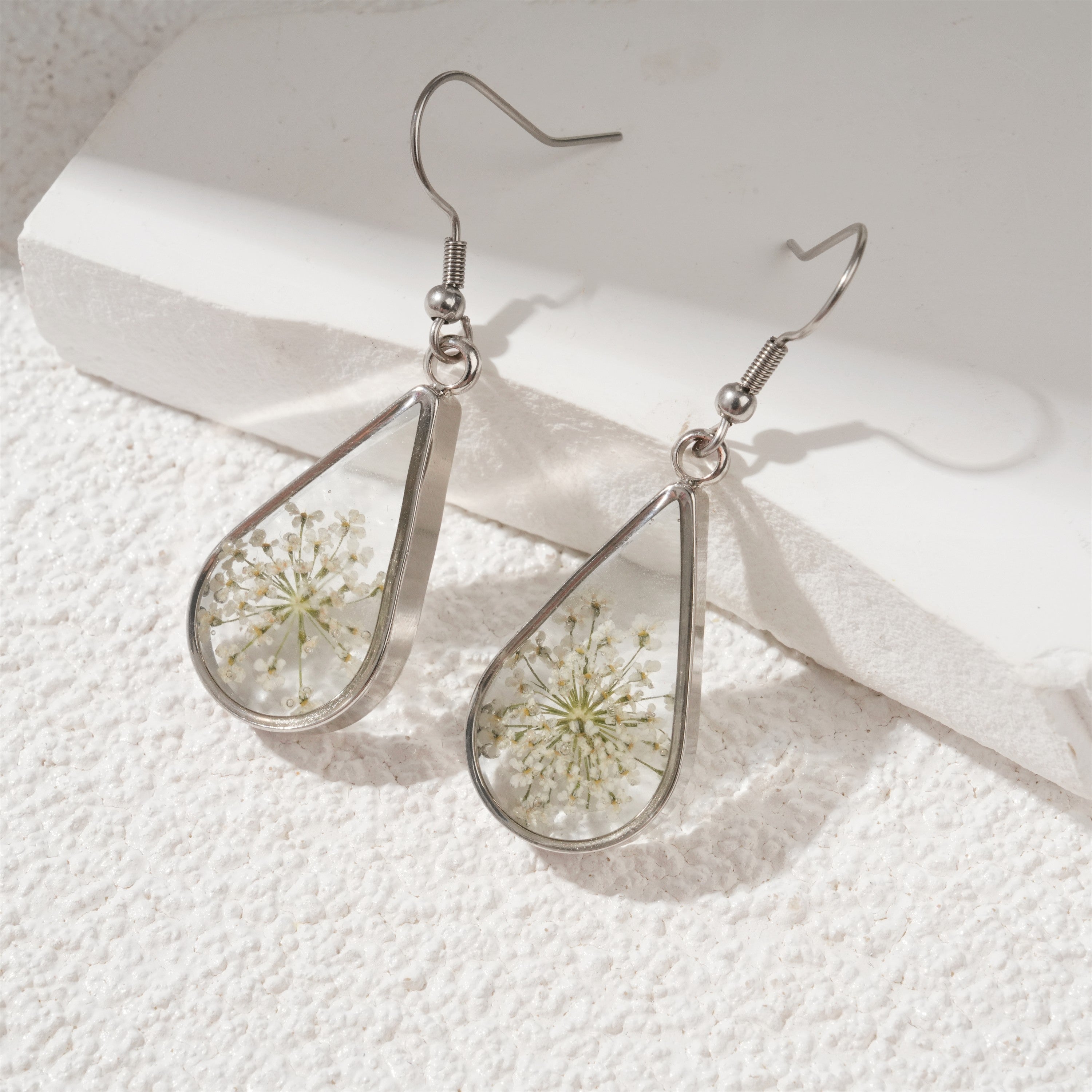 Teardrop Shaped Resin Necklace Earrings For Her,Baby's Breath Dangle Earrings