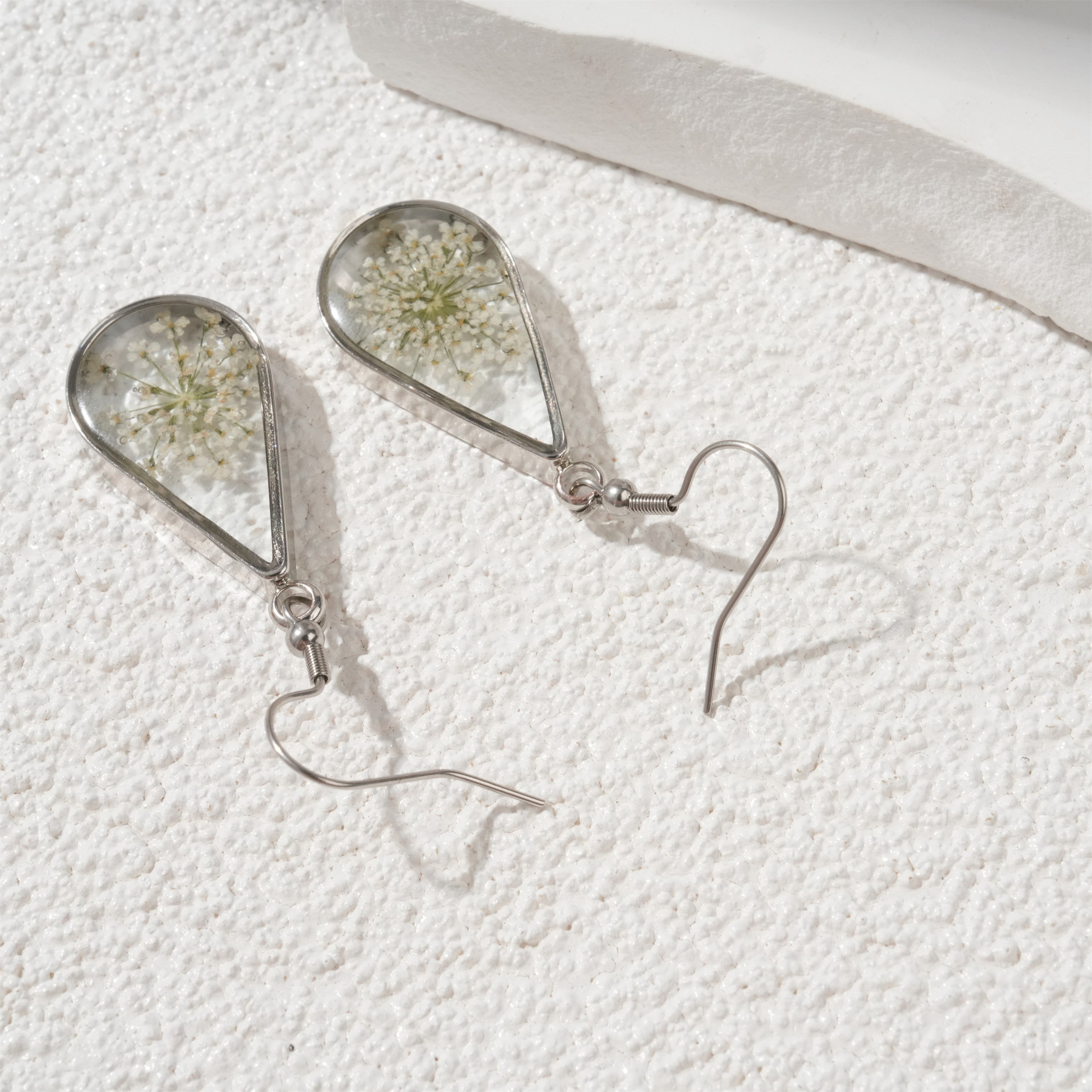 Teardrop Shaped Resin Necklace Earrings For Her,Baby's Breath Dangle Earrings