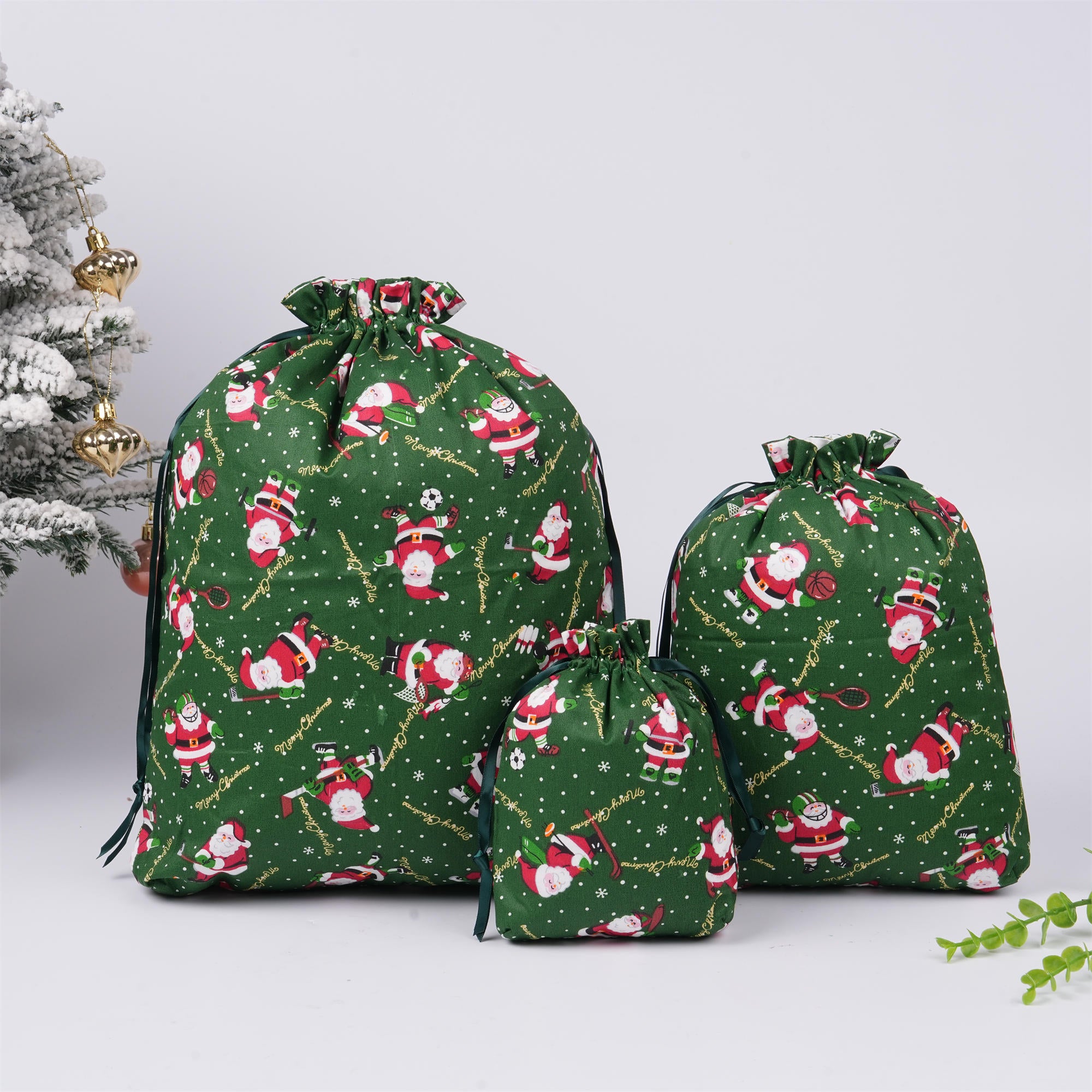 Green Christmas Drawstring Gift Bags,Santa,Holiday Gift Wrapping