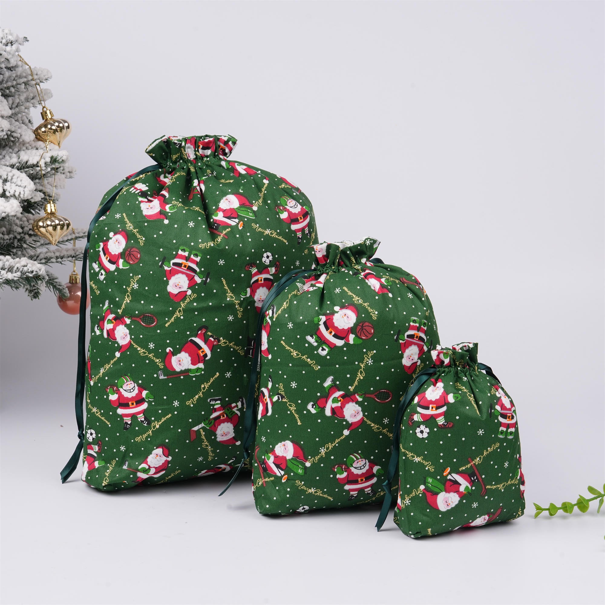 Green Christmas Drawstring Gift Bags,Santa,Holiday Gift Wrapping
