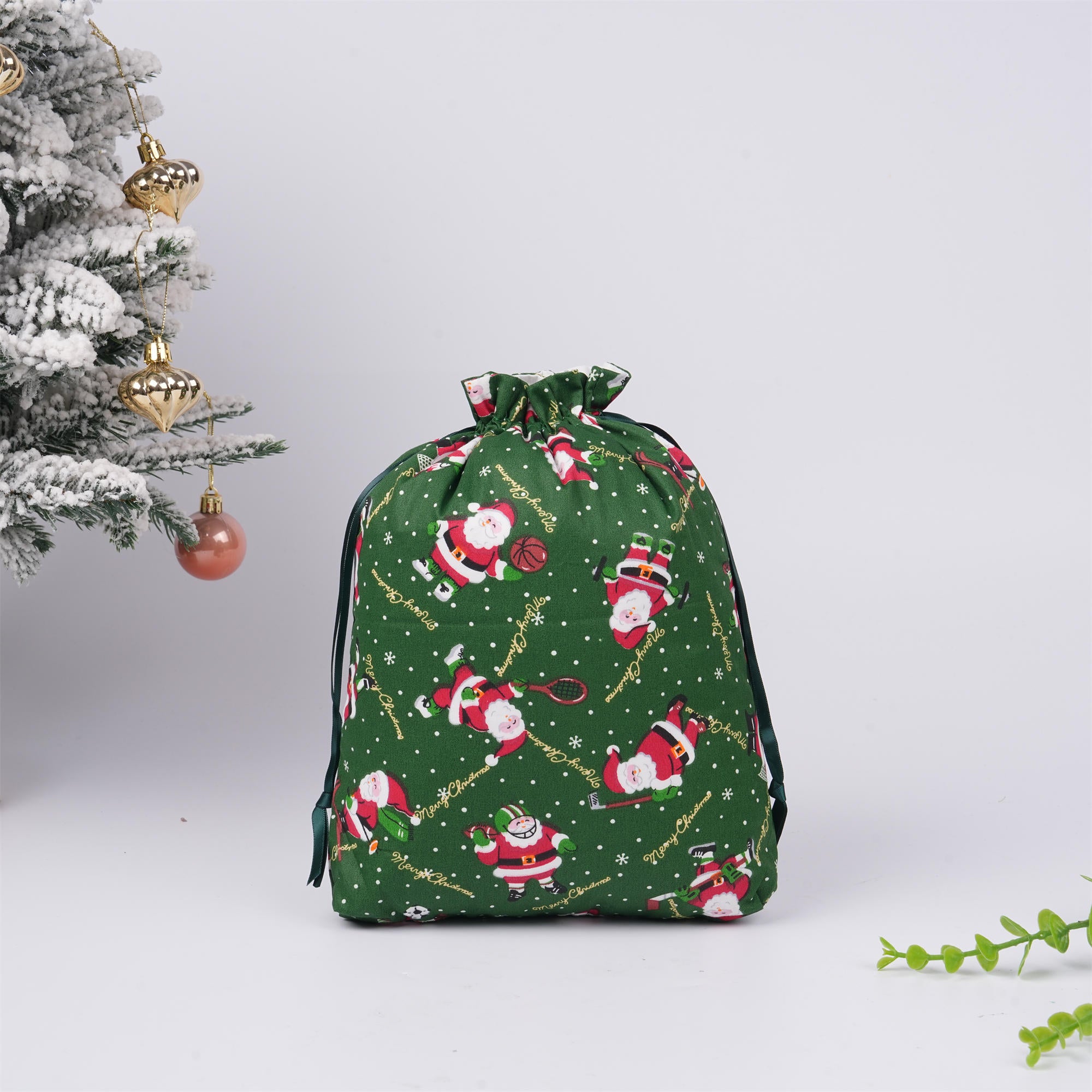 Green Christmas Drawstring Gift Bags,Santa,Holiday Gift Wrapping