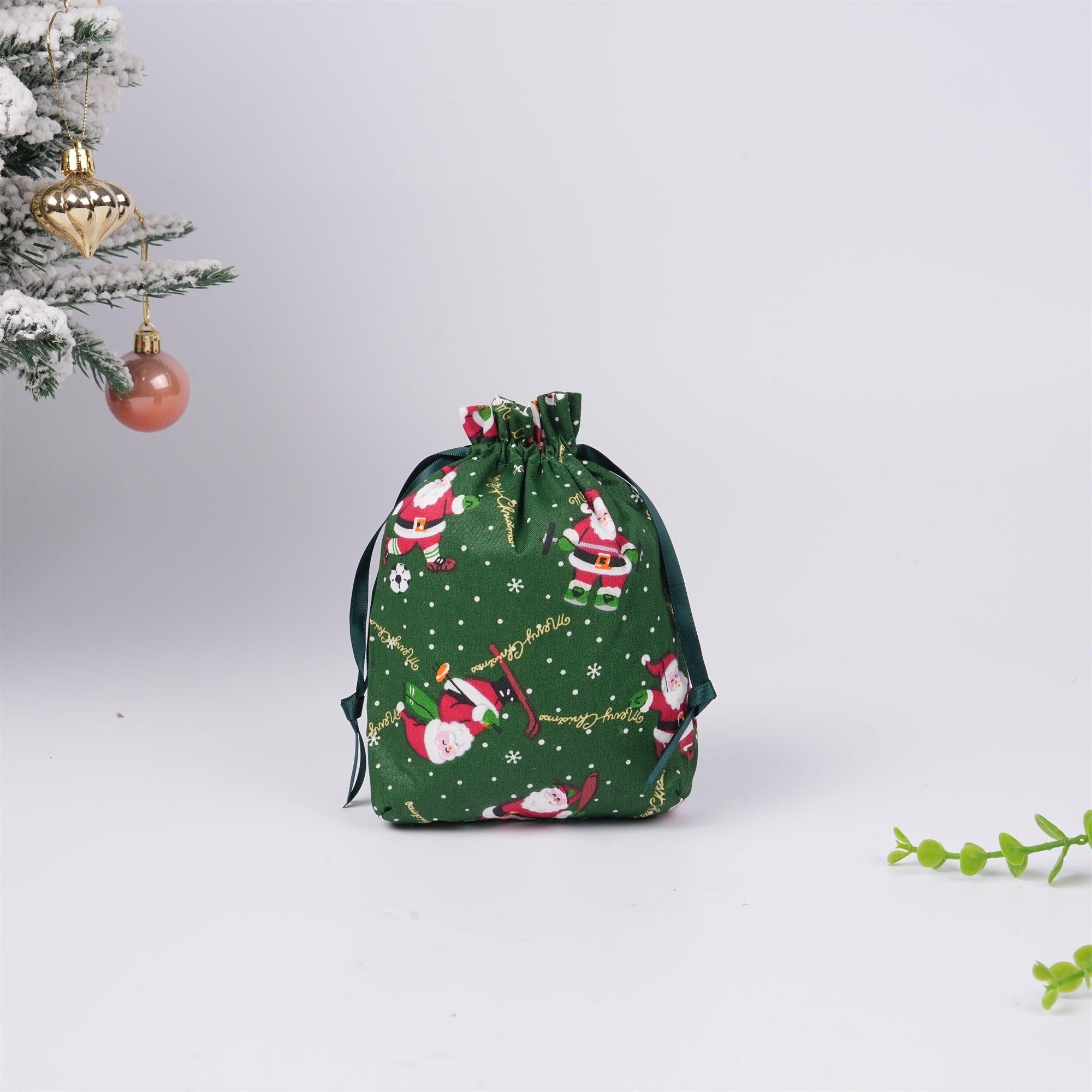 Green Christmas Drawstring Gift Bags,Santa,Holiday Gift Wrapping