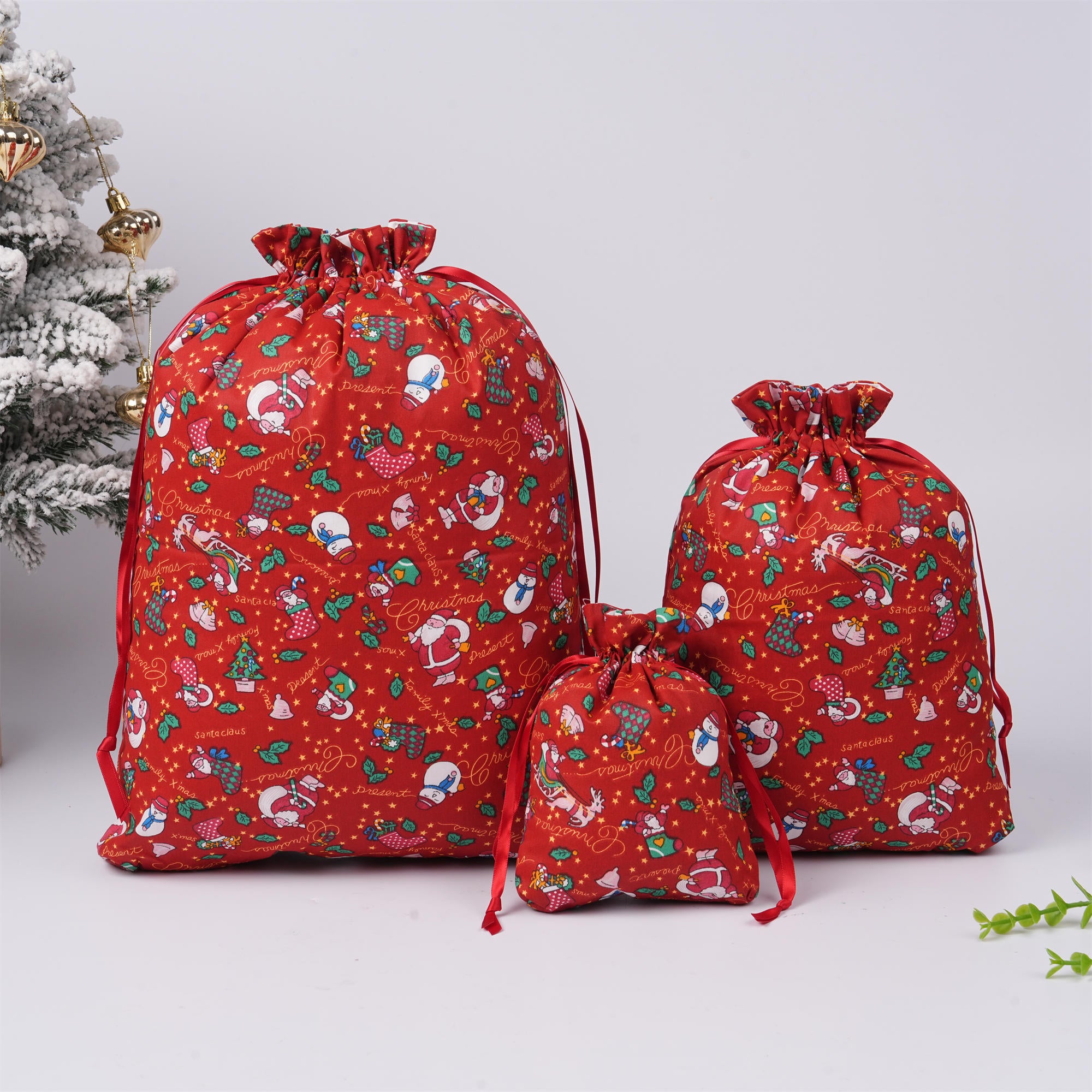 Red Merry Christmas Drawstring Gift Bag,Santa/Snowman/Sock Print,Glitter Star