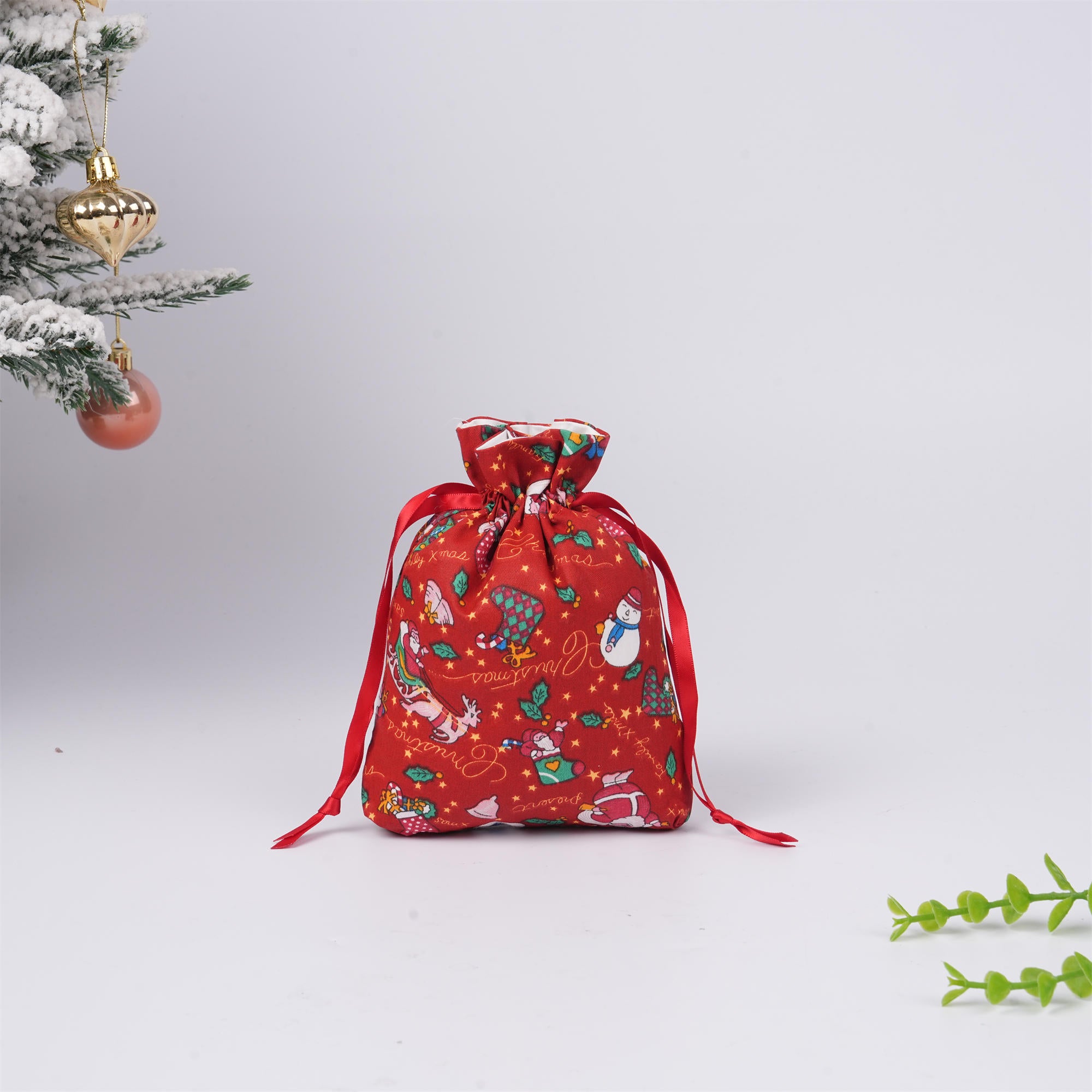 Red Merry Christmas Drawstring Gift Bag,Santa/Snowman/Sock Print,Glitter Star