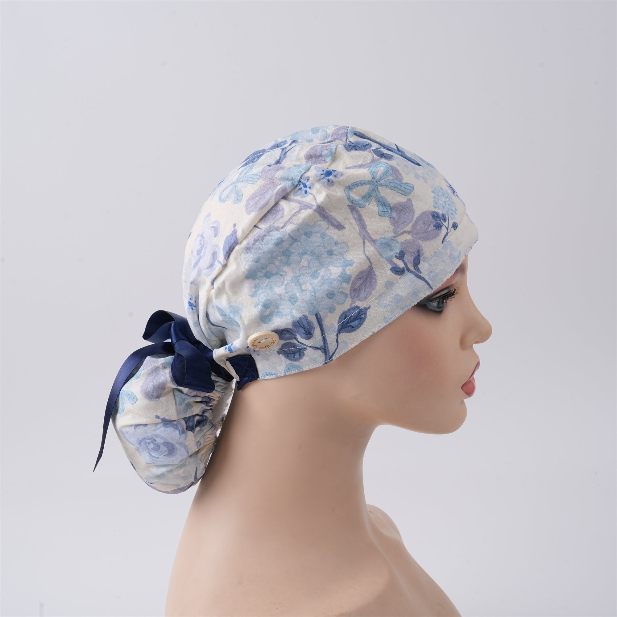 Navy Watercolor Flower Cotton Ponytail Scrub Cap