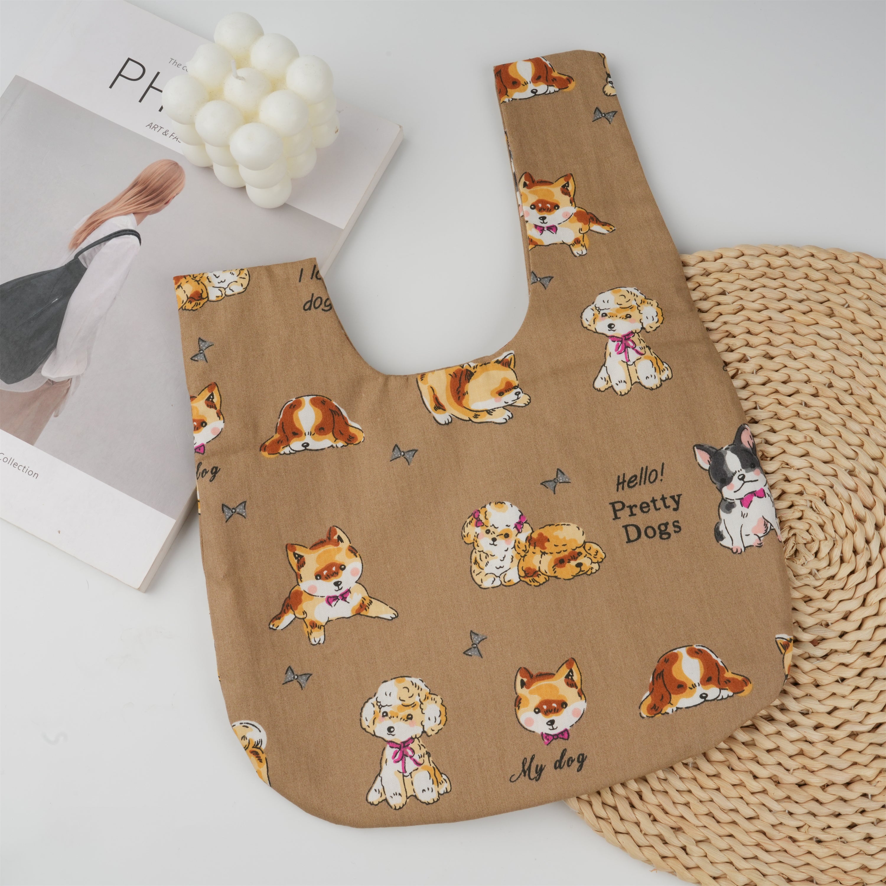 Pumpkin/Dog Print Japanese Knot Bag,Small Carry Bag