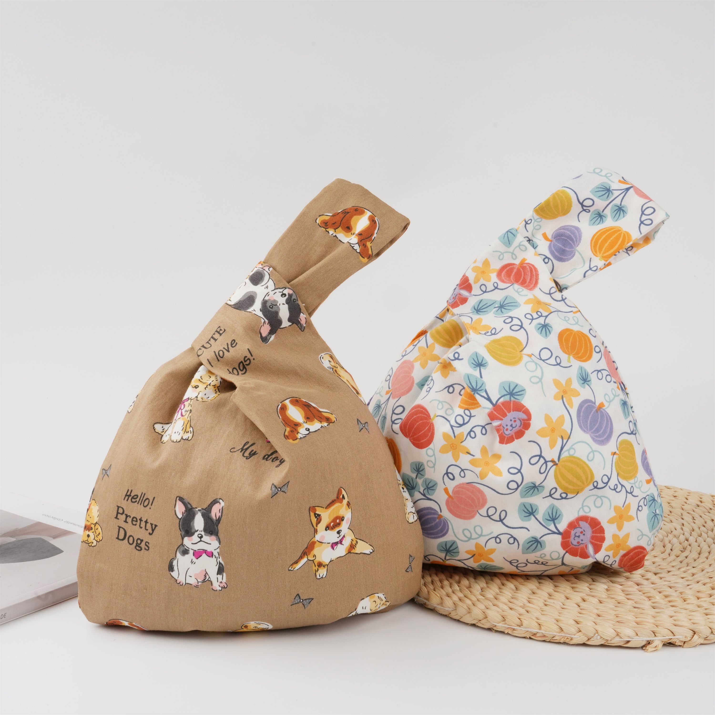Pumpkin/Dog Print Japanese Knot Bag,Small Carry Bag