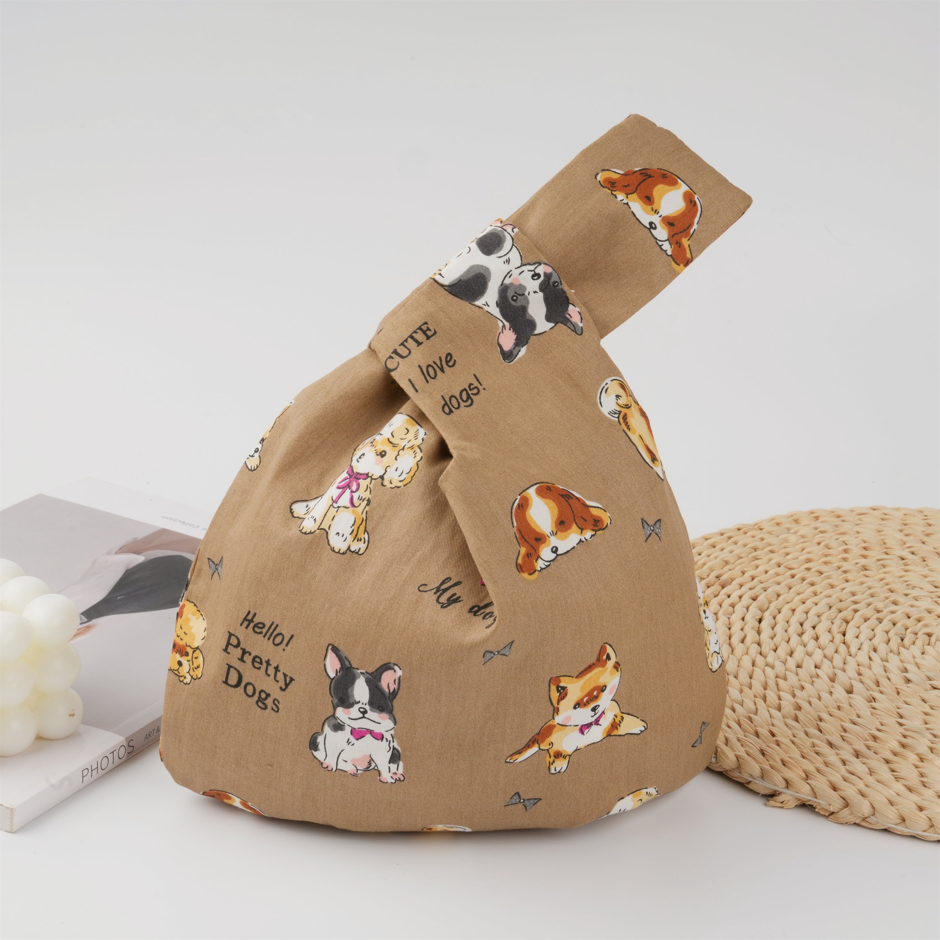 Pumpkin/Dog Print Japanese Knot Bag,Small Carry Bag