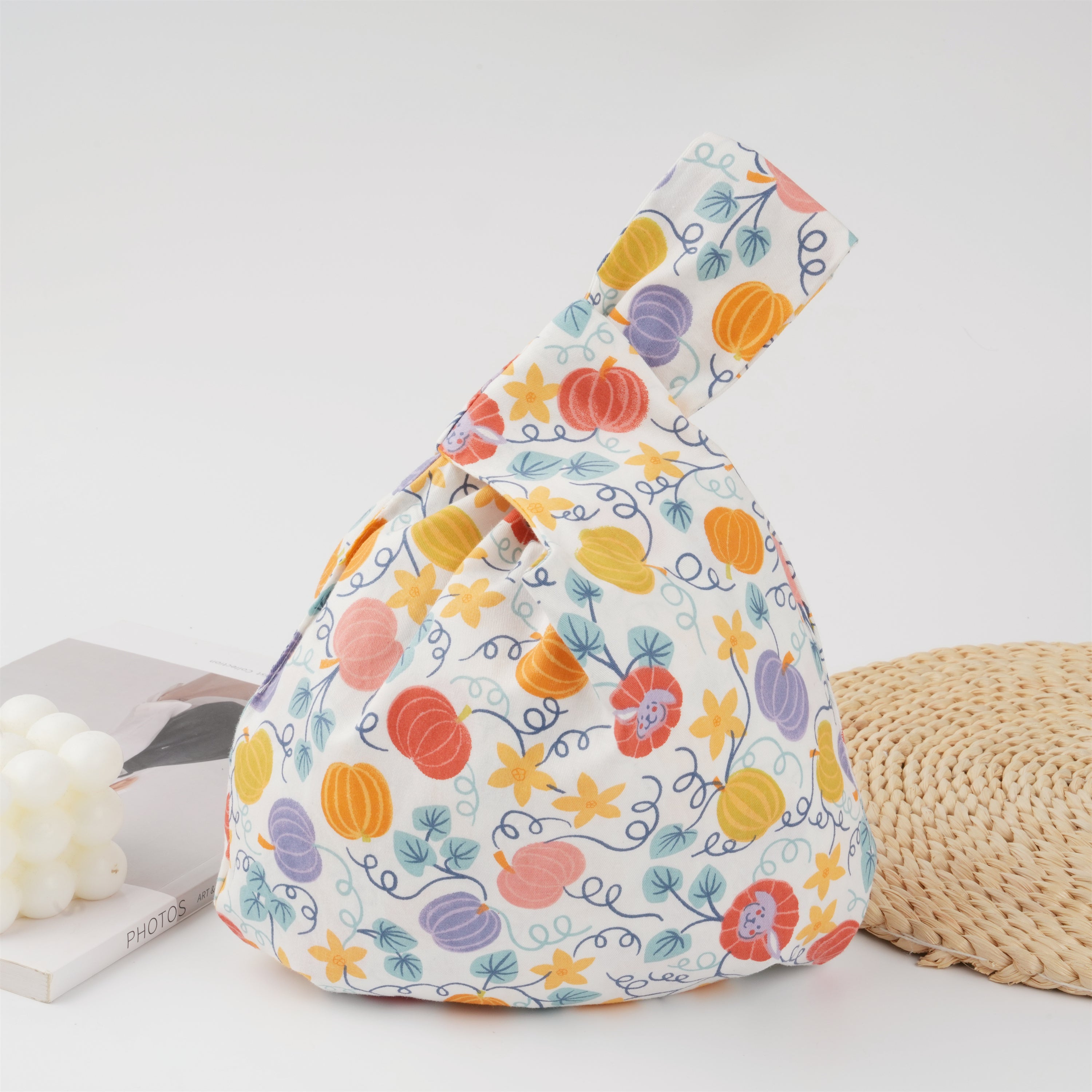 Pumpkin/Dog Print Japanese Knot Bag,Small Carry Bag