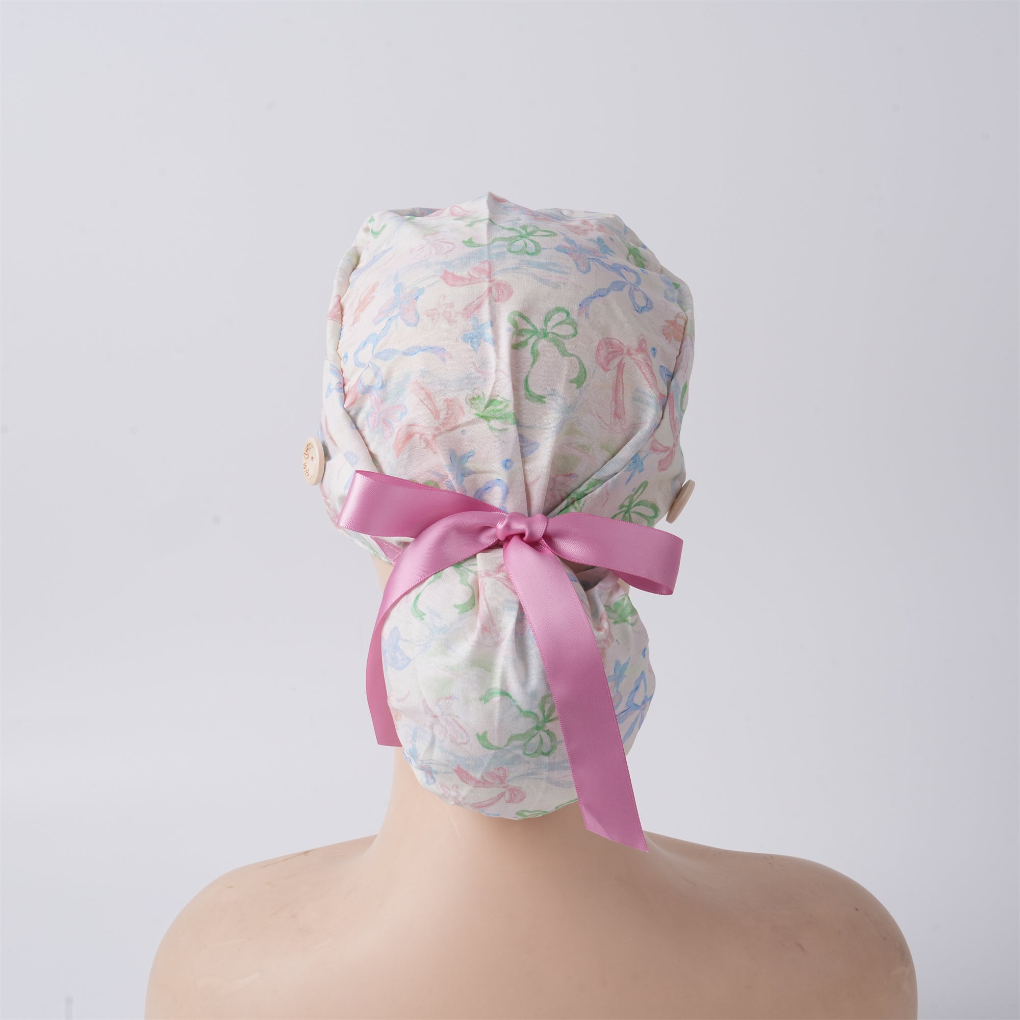 Pink Watercolor Bow Cotton Ponytail Scrub Cap