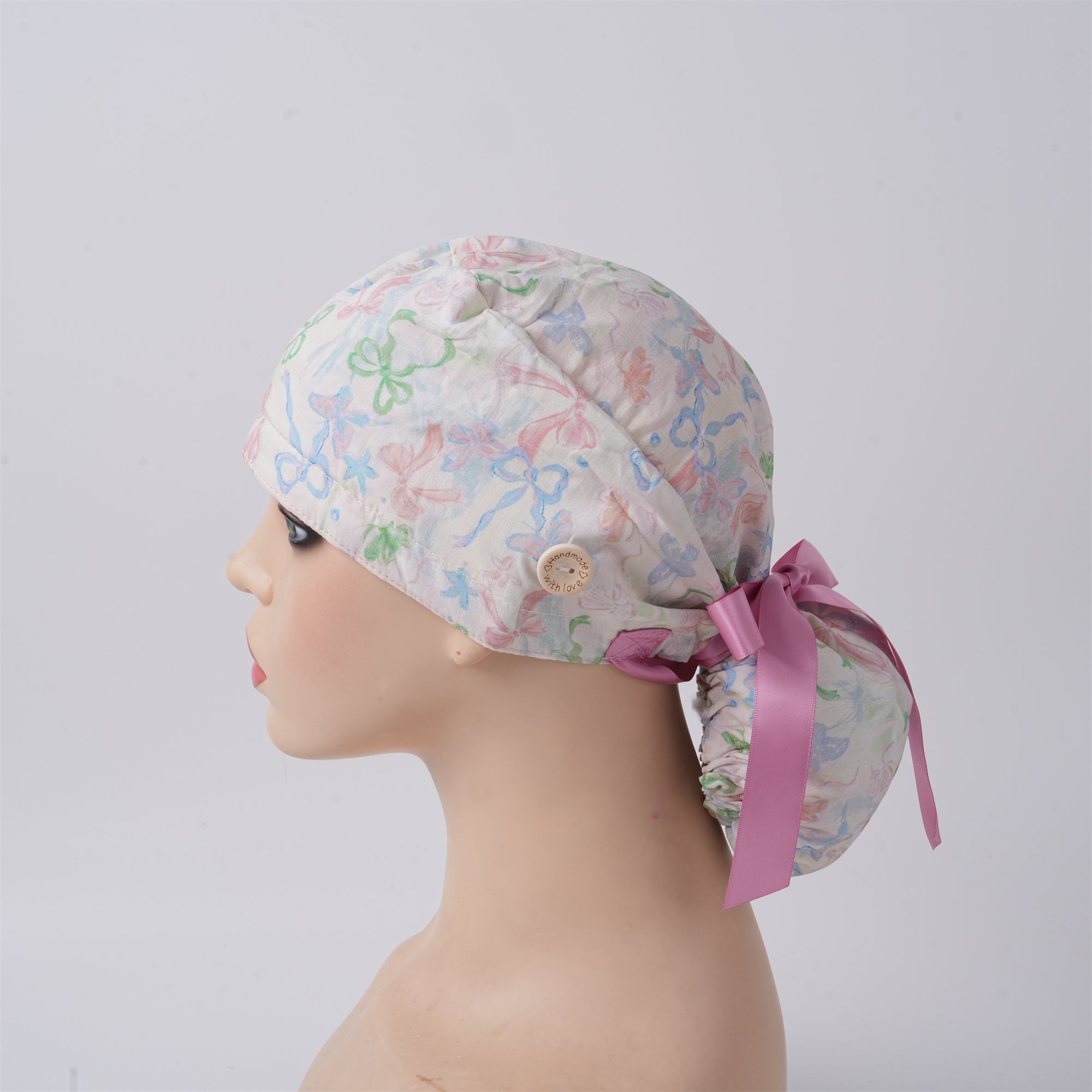 Pink Watercolor Bow Cotton Ponytail Scrub Cap