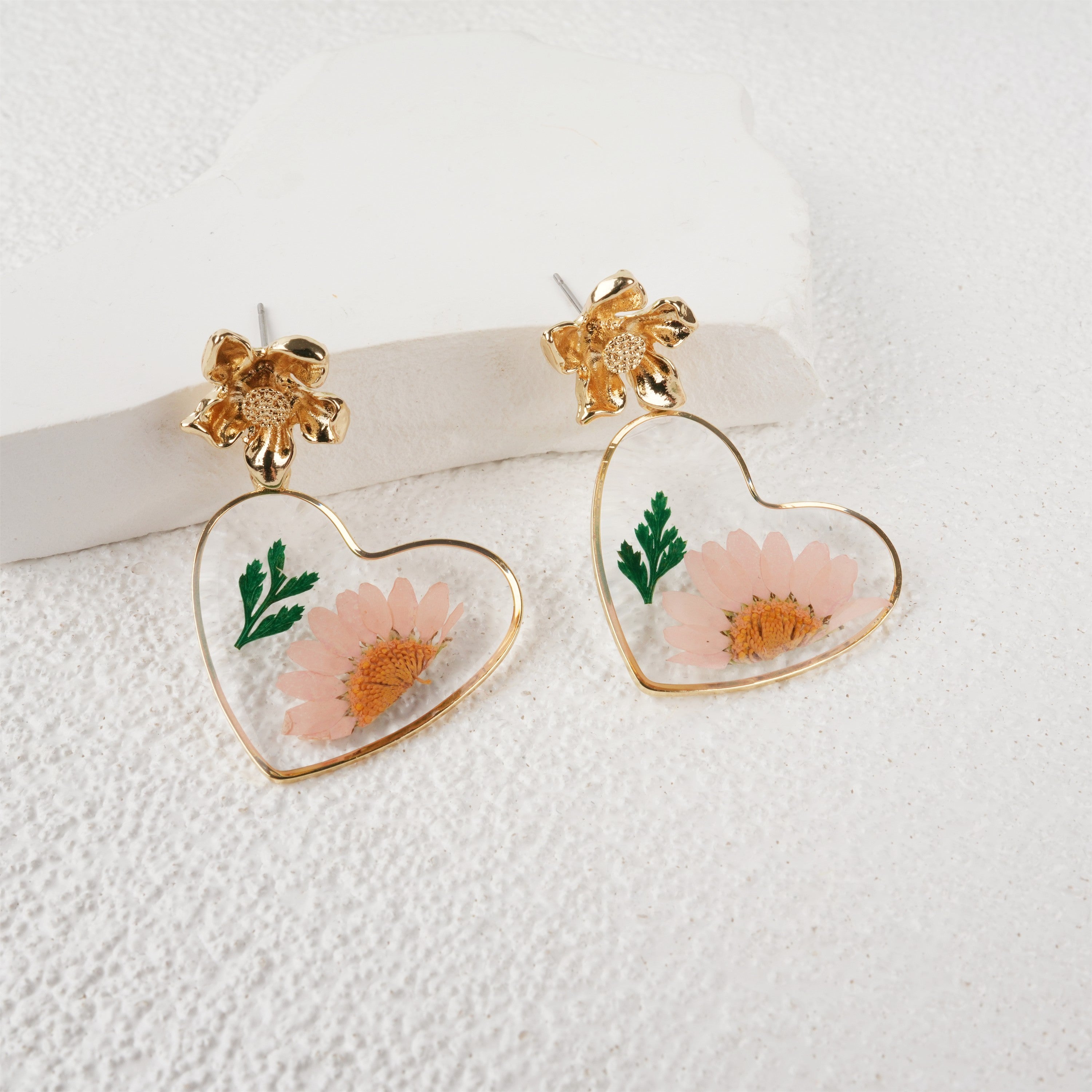 Pink Heart Resin Flowers Dangle Earrings,Lightweight Dangle Drop Earring