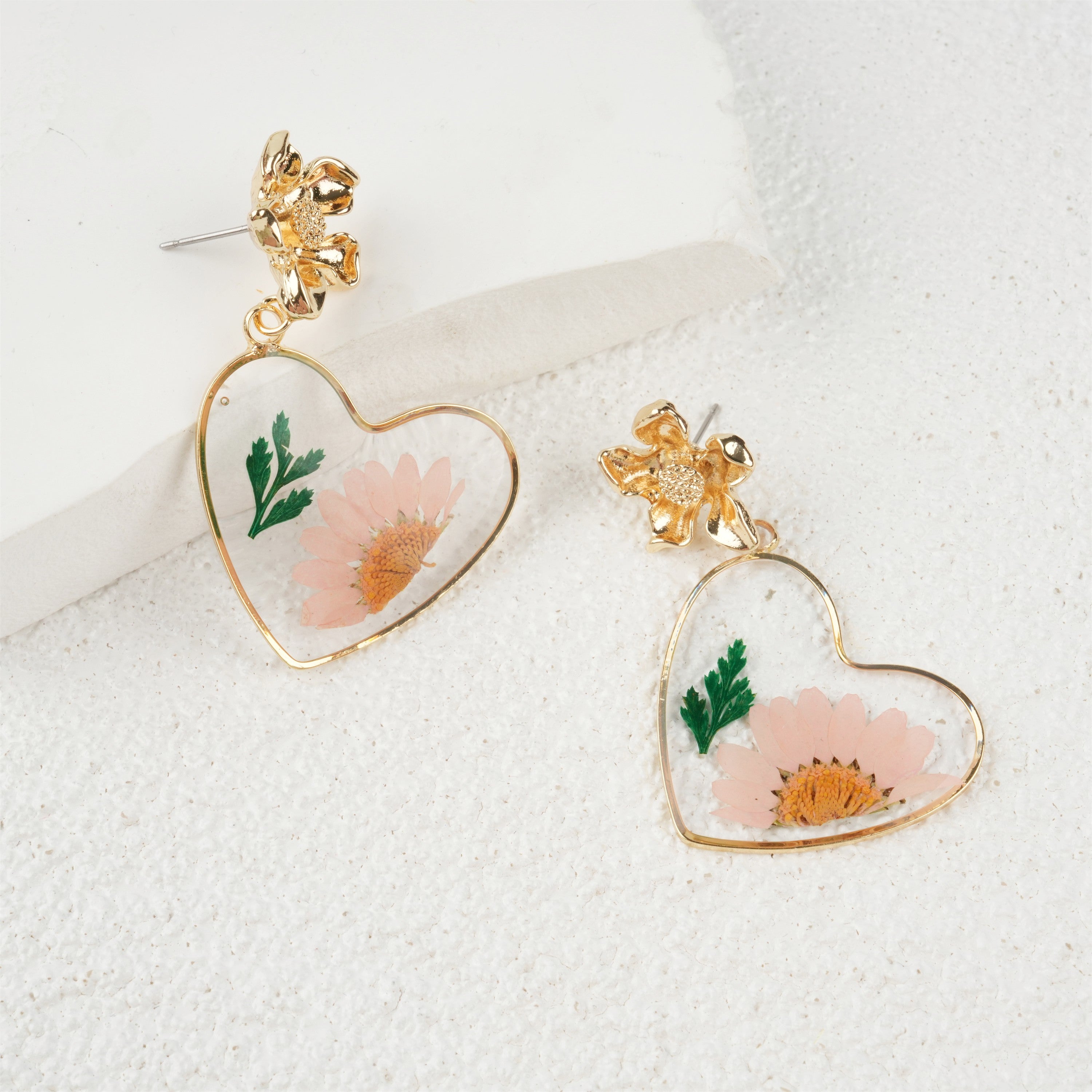 Pink Heart Resin Flowers Dangle Earrings,Lightweight Dangle Drop Earring