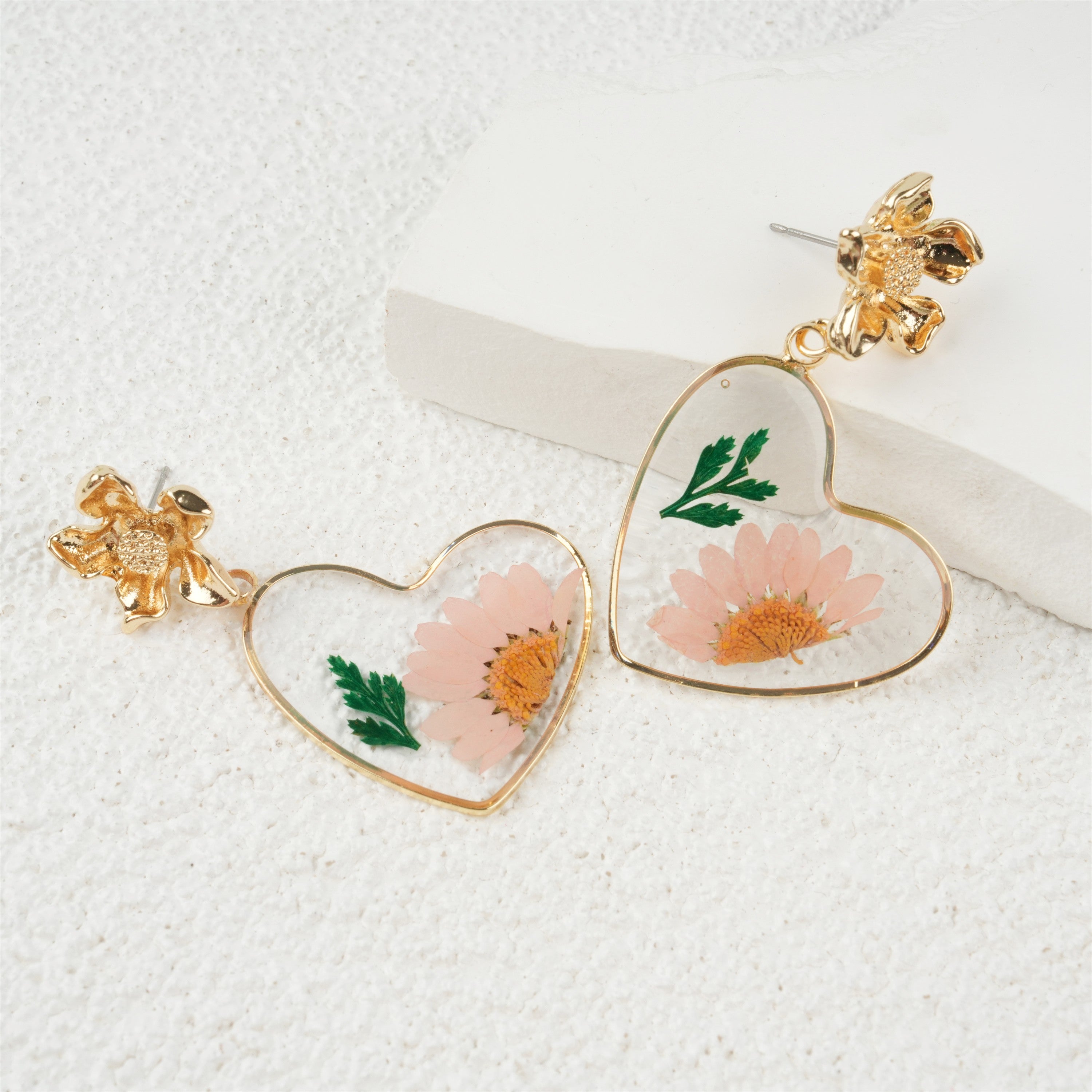 Pink Heart Resin Flowers Dangle Earrings,Lightweight Dangle Drop Earring