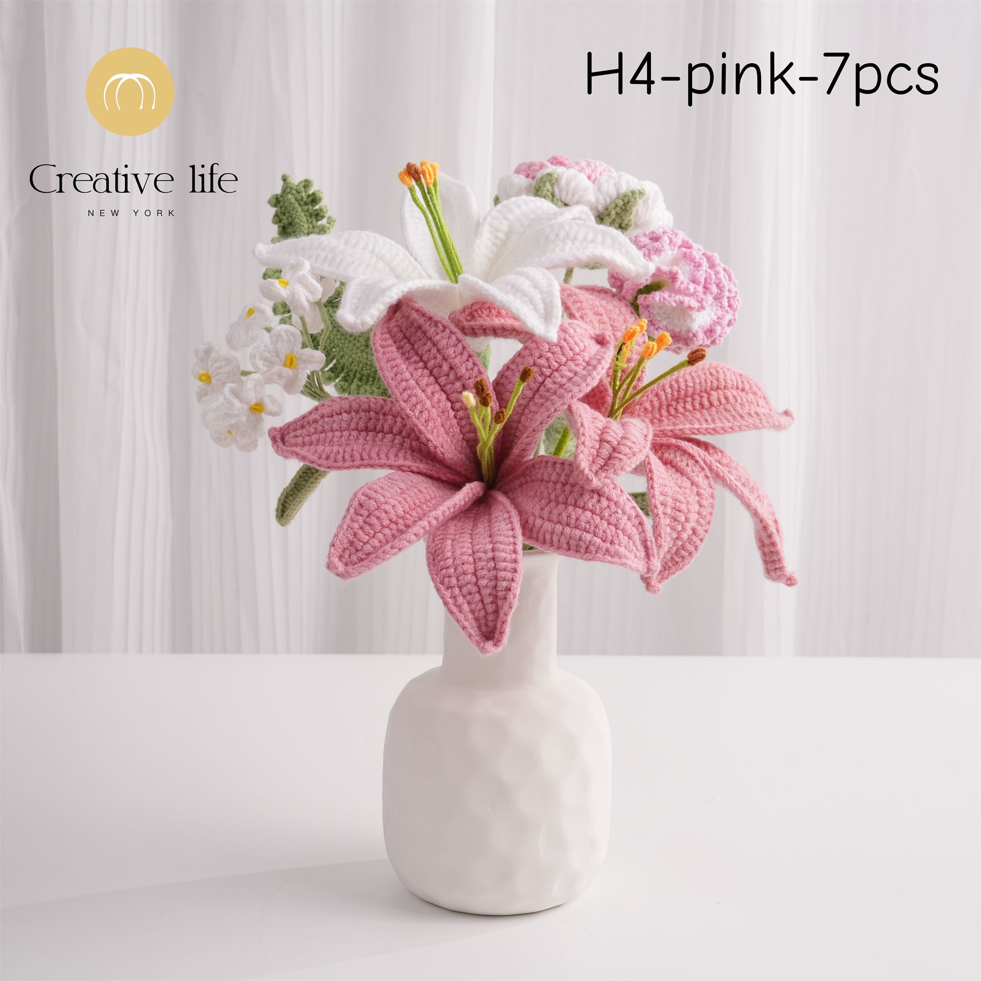 Crochet Lily Bouquet-7PCS, Handmad Carnation,Forget-me-not,Rose,Gift for Wedding,Birthday