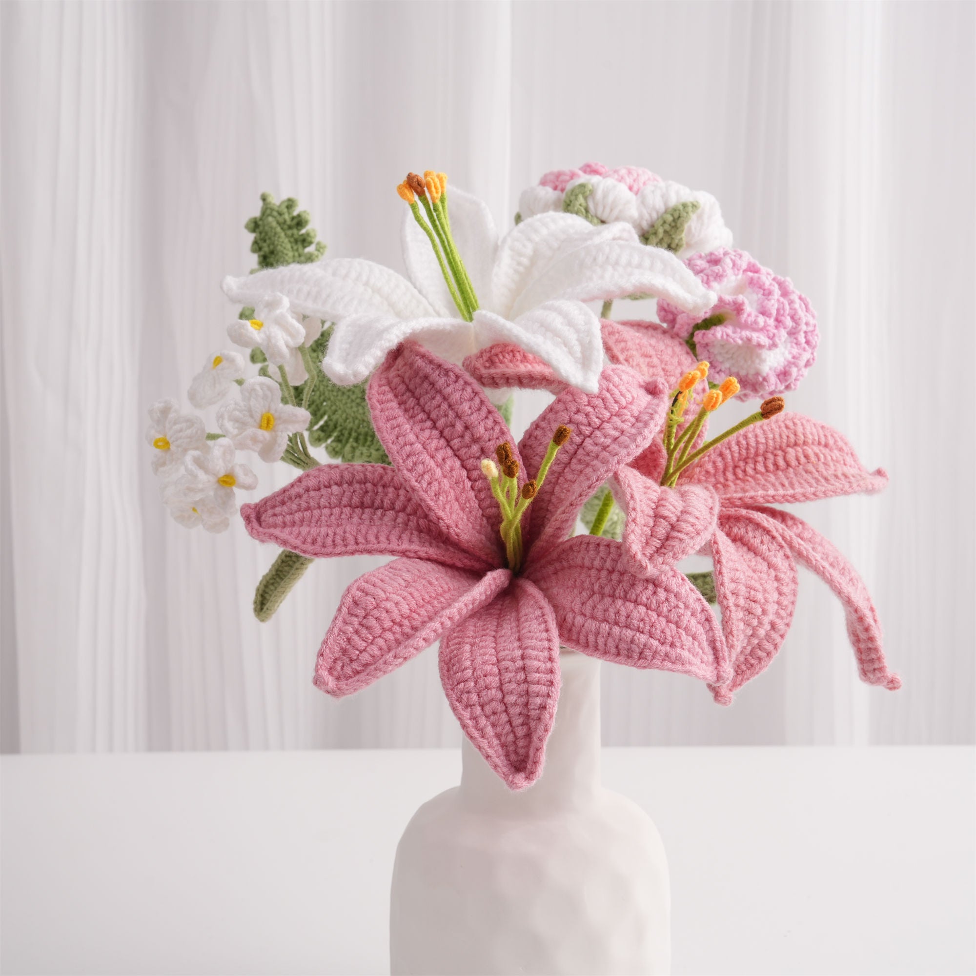 Crochet Lily Bouquet-7PCS, Handmad Carnation,Forget-me-not,Rose,Gift for Wedding,Birthday